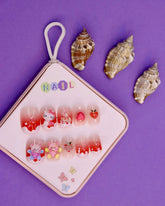 Red Ombré and Kitty-Themed Press-On Nails for Kids – 3D Teddy, Starfish, and Heart Accents (Ages 4-16)