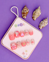 Pink Ombre and Kitty-Themed Press-On Nails for Kids – 3D Bear, Glitter Hearts, and Floral Accents (Ages 4-16)