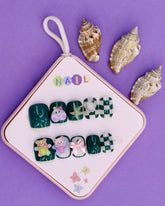 Green Checkerboard and Bear-Themed Press-On Nails for Kids – 3D Starfish, Bow, and Floral Accents (Ages 4-16)
