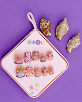 Purple Floral and Bunny-Themed Press-On Nails for Kids – 3D Teddy, Starfish, and Heart Accents (Ages 4-16)