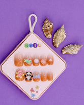 Orange Ombré and Panda-Themed Press-On Nails for Kids – 3D Bear, Bow, and Glitter Accents (Ages 4-16)