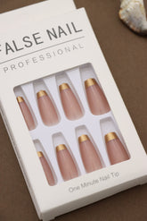 Elegant Professional False Nails - 24 pcs Set with Classy Nude Base and Chic Gold French Tips for a Sophisticated Look in Just One Minute
