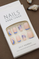 Elegant Blue Wave Press-On Nails - 24pcs Artistic Nail Design with Gold Accents