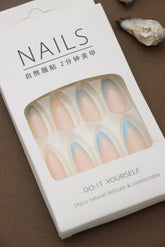 Elegant V-Design Press-On Nails - 24pcs DIY Set with Nude and Blue Accents for a Minimalist and Chic Look