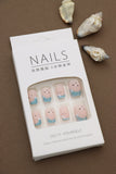 Matte Pink Press-On Nails with Sky Blue and Cloud Design Featuring Birds