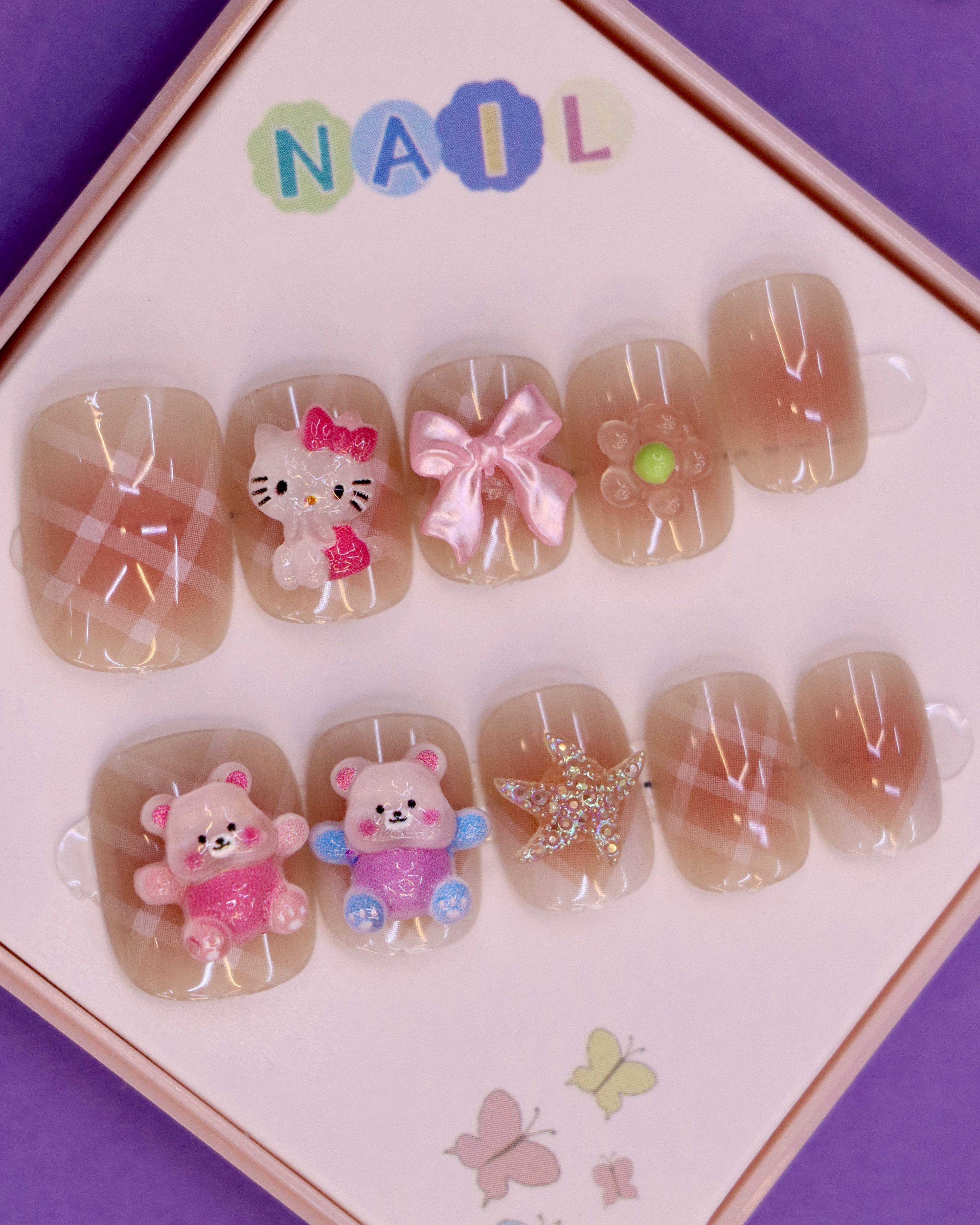 Plaid and Teddy-Themed Press-On Nails for Kids – 3D Kitty, Bow, and Starfish Accents (Ages 4-16)