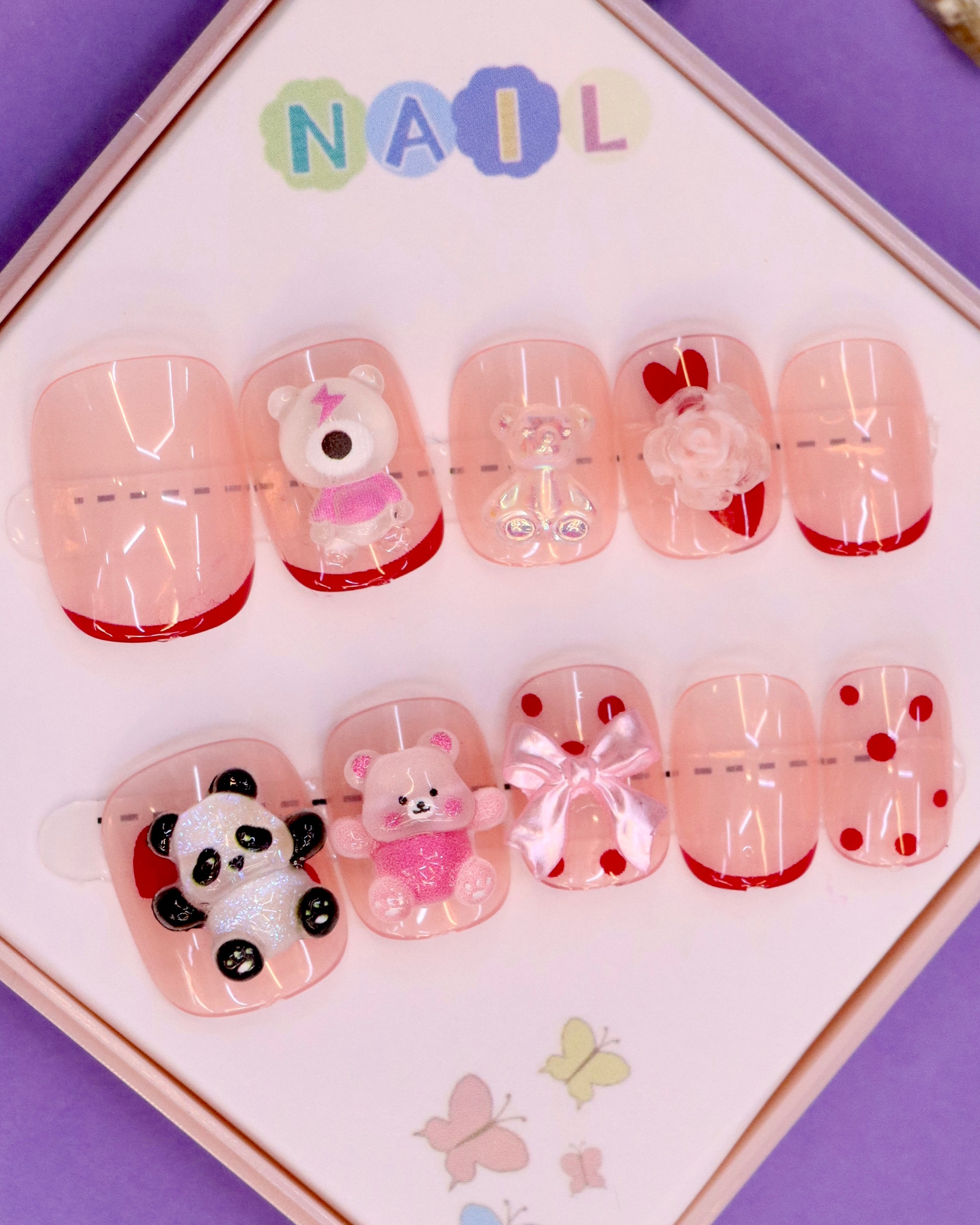 Red Polka Dot and Panda-Themed Press-On Nails for Kids – 3D Bear, Bow, and Floral Accents (Ages 4-16)