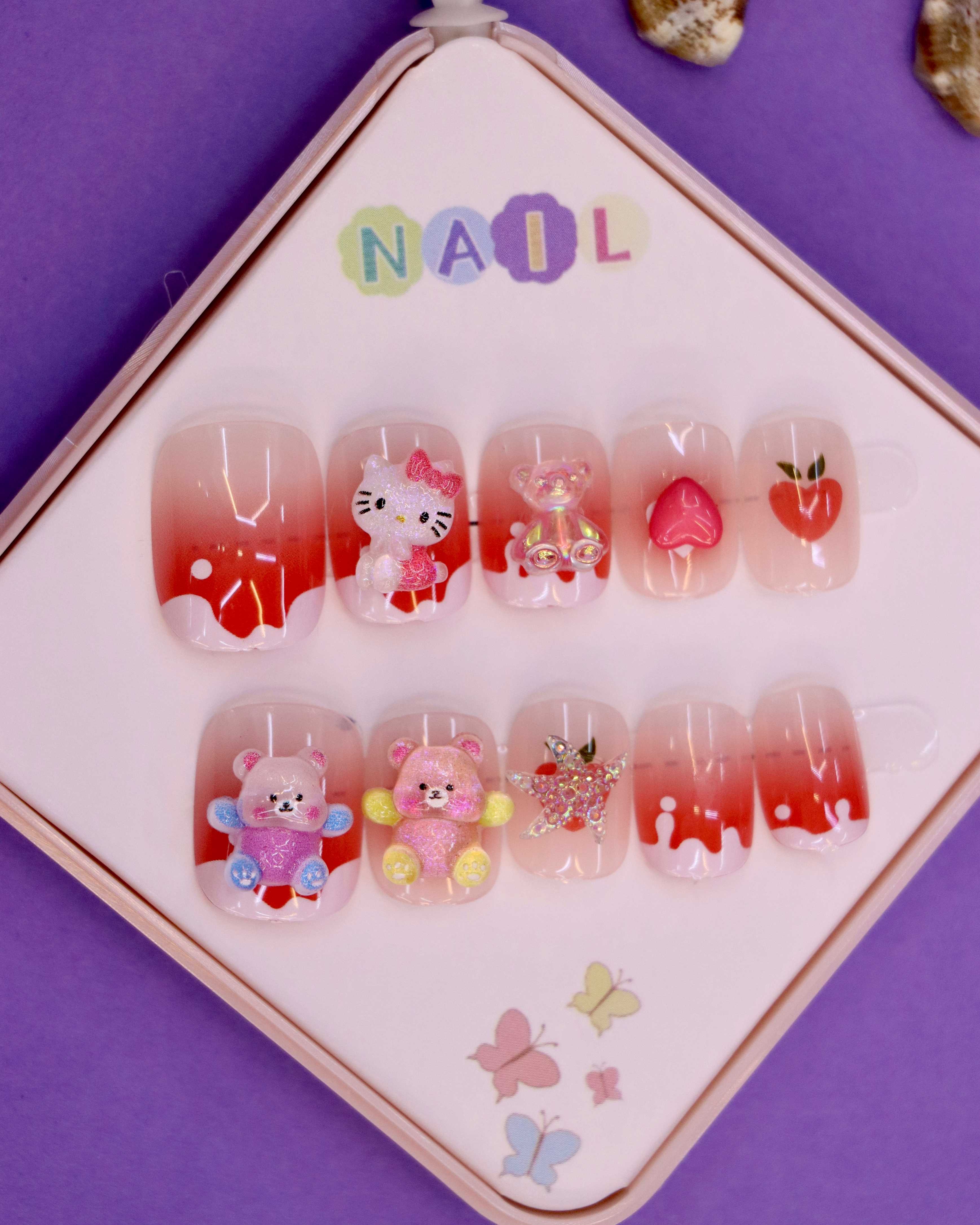 Red Ombré and Kitty-Themed Press-On Nails for Kids – 3D Teddy, Starfish, and Heart Accents (Ages 4-16)