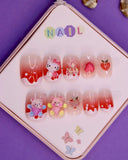 Red Ombré and Kitty-Themed Press-On Nails for Kids – 3D Teddy, Starfish, and Heart Accents (Ages 4-16)