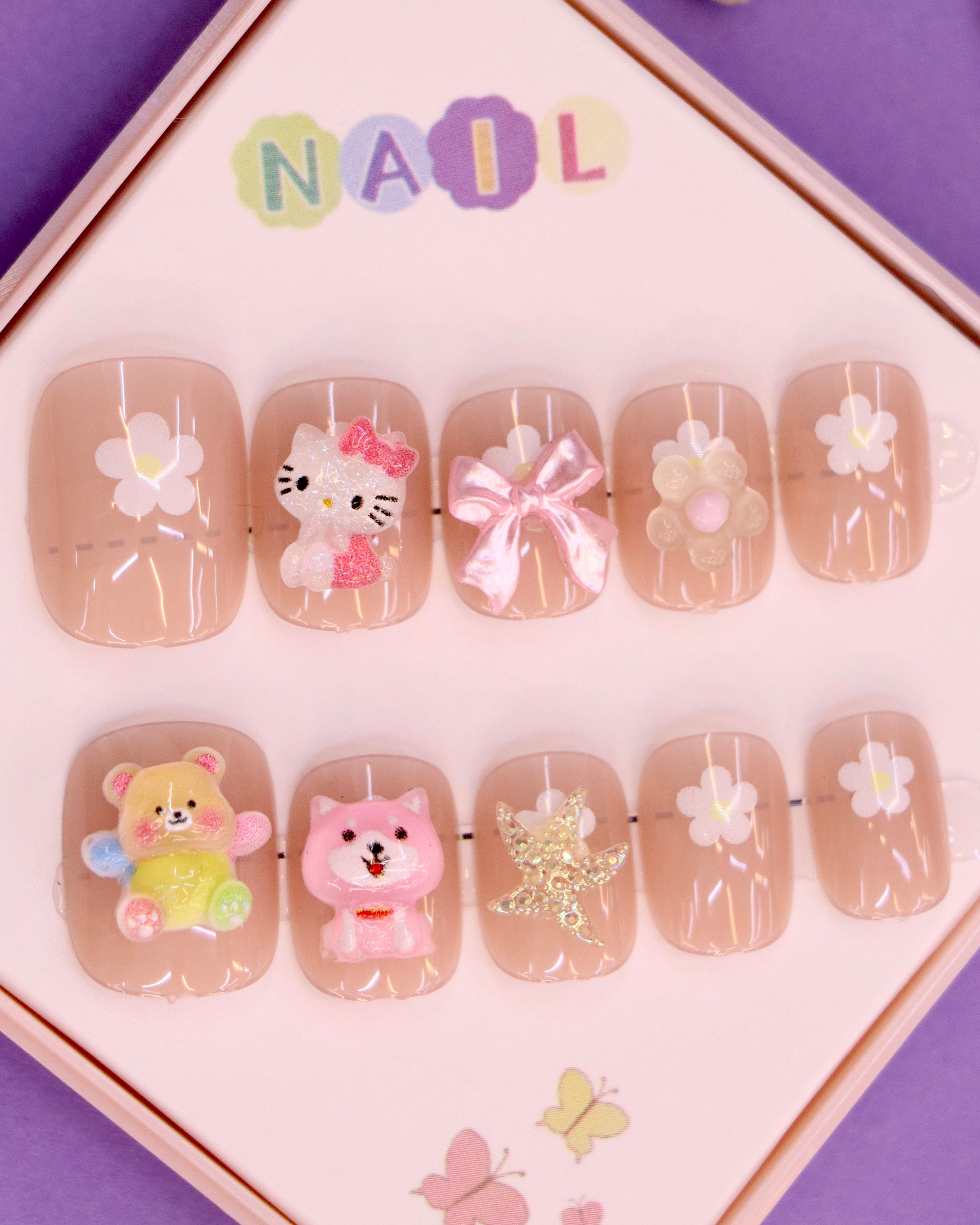 Floral and Kitty-Themed Press-On Nails for Kids – 3D Bear, Bow, and Starfish Accents (Ages 4-16)