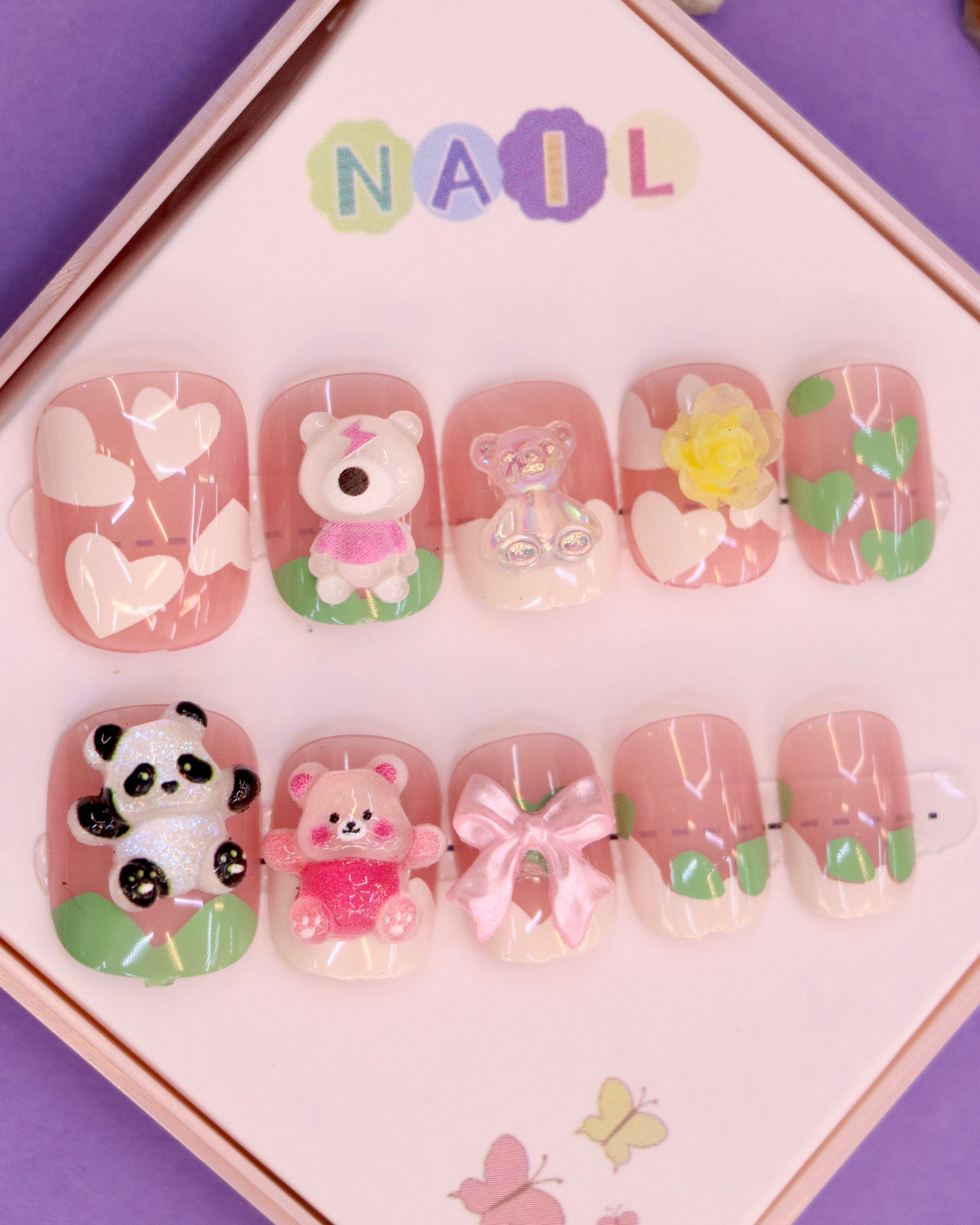 Heart and Panda-Themed Press-On Nails for Kids – 3D Bear, Bow, and Floral Accents (Ages 4-16)