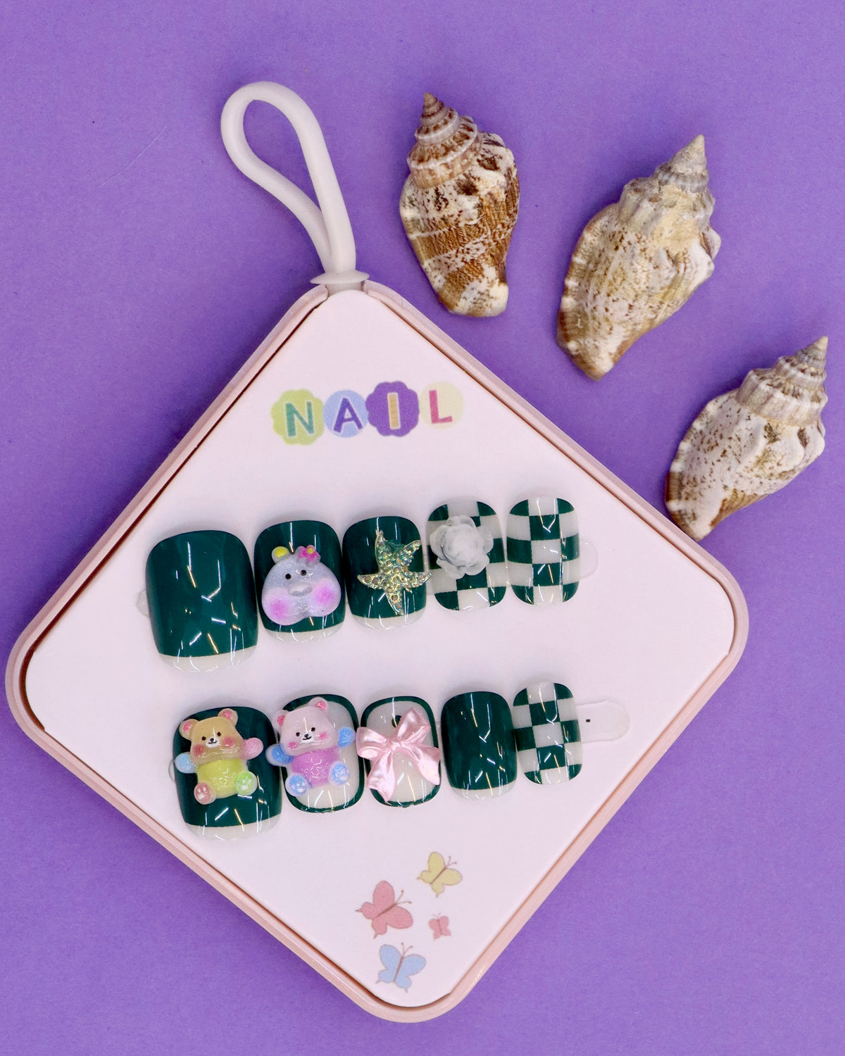 Green Checkerboard and Bear-Themed Press-On Nails for Kids – 3D Starfish, Bow, and Floral Accents (Ages 4-16)