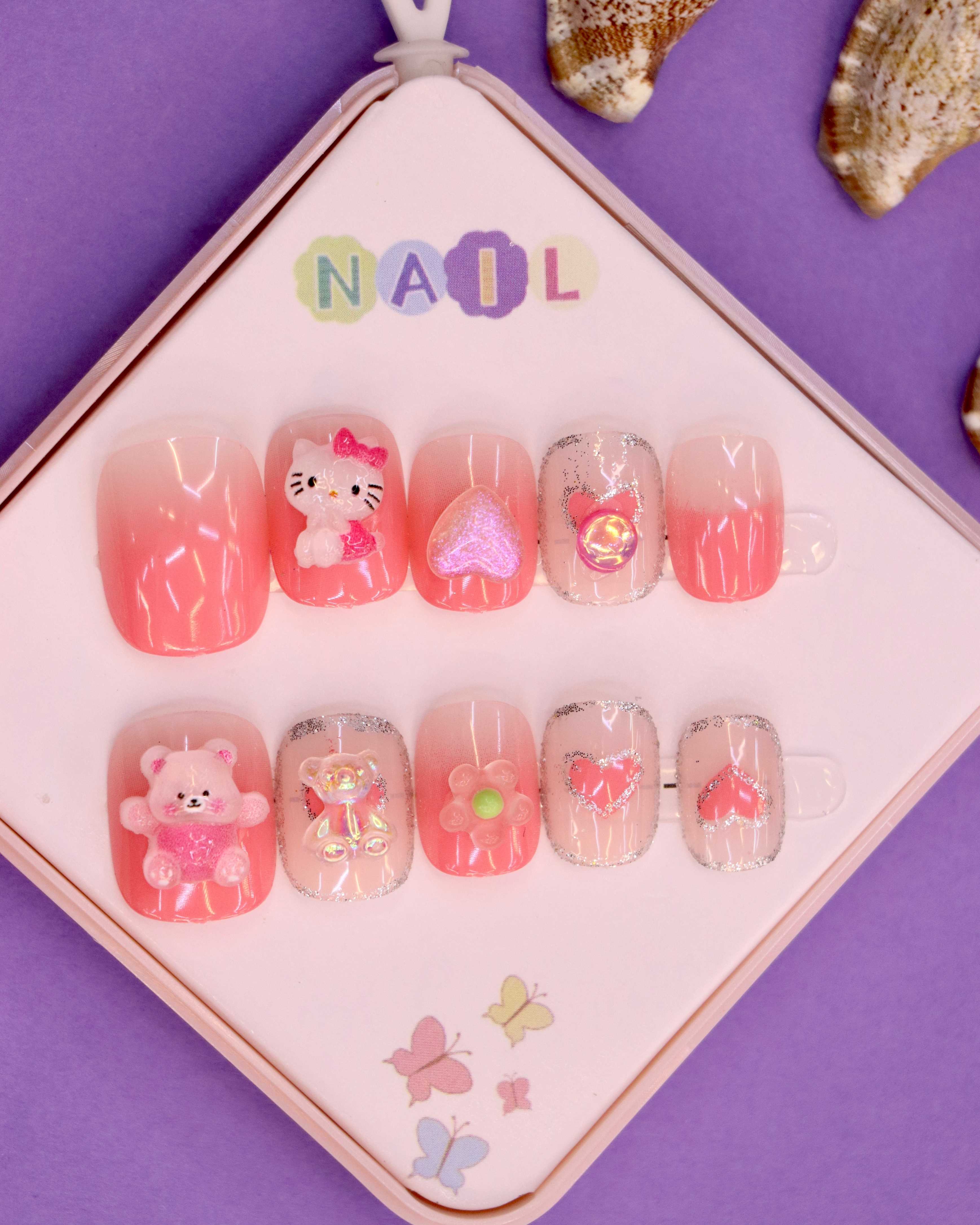 Pink Ombre and Kitty-Themed Press-On Nails for Kids – 3D Bear, Glitter Hearts, and Floral Accents (Ages 4-16)
