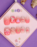 Pink Ombre and Kitty-Themed Press-On Nails for Kids – 3D Bear, Glitter Hearts, and Floral Accents (Ages 4-16)