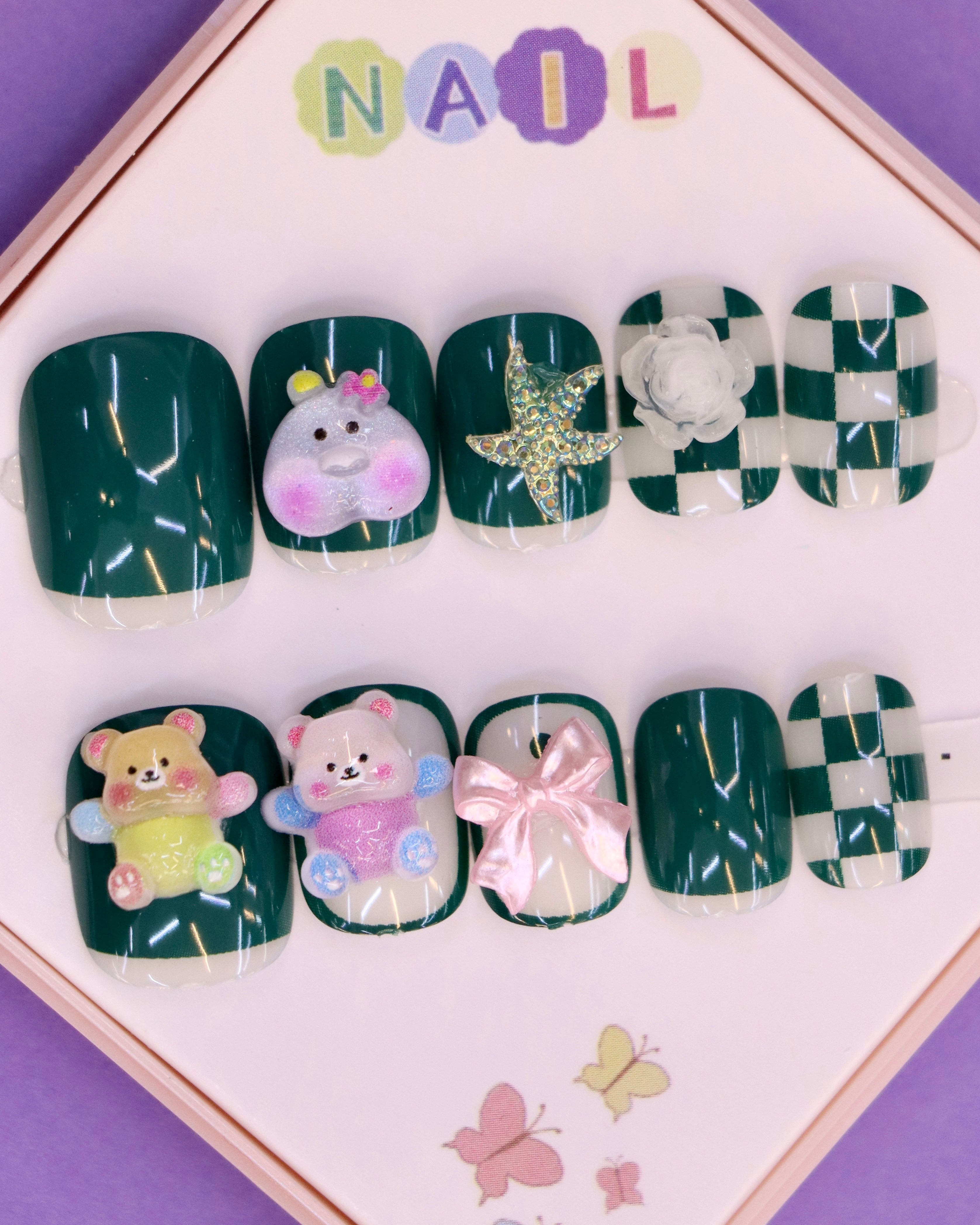 Green Checkerboard and Bear-Themed Press-On Nails for Kids – 3D Starfish, Bow, and Floral Accents (Ages 4-16)
