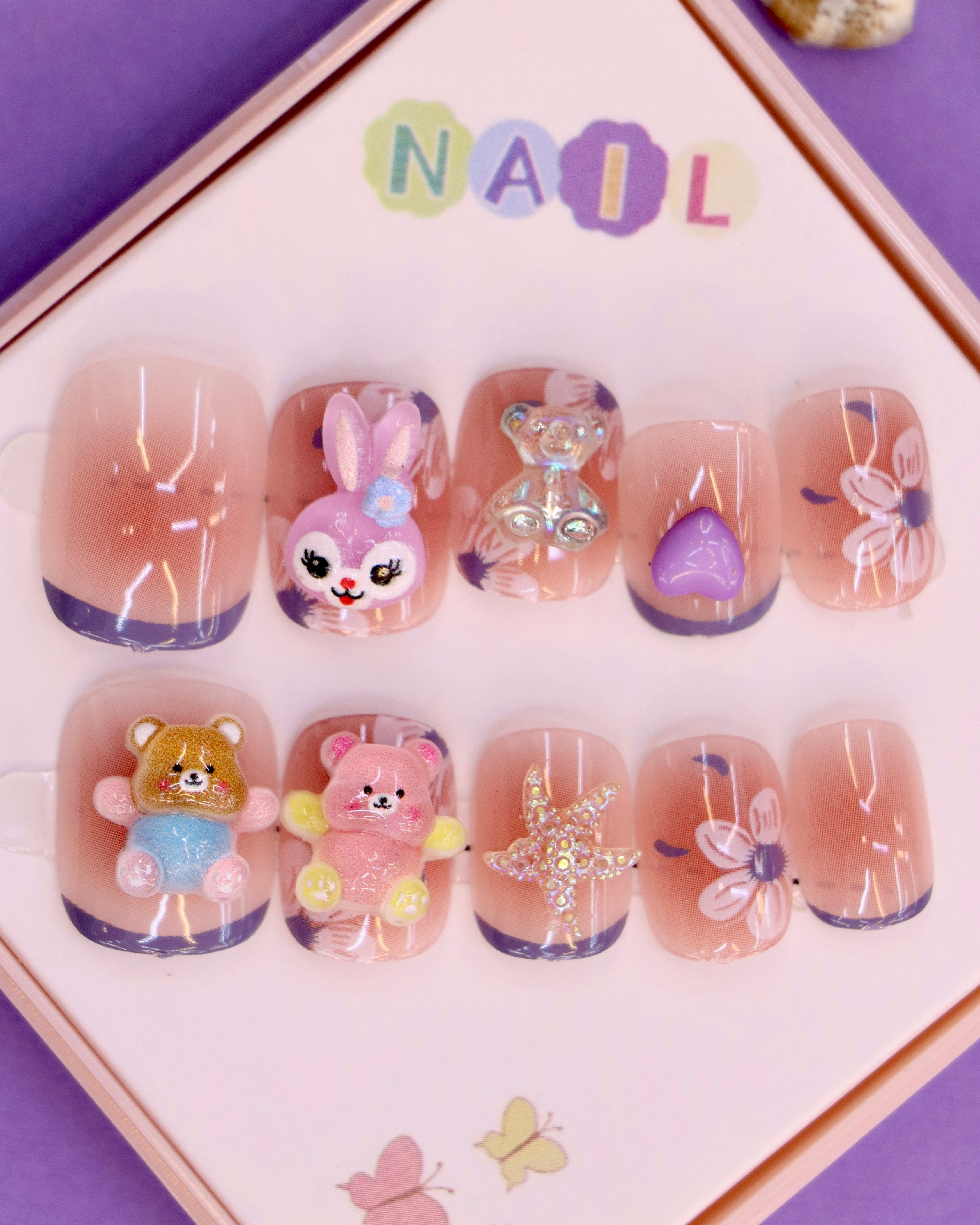 Purple Floral and Bunny-Themed Press-On Nails for Kids – 3D Teddy, Starfish, and Heart Accents (Ages 4-16)
