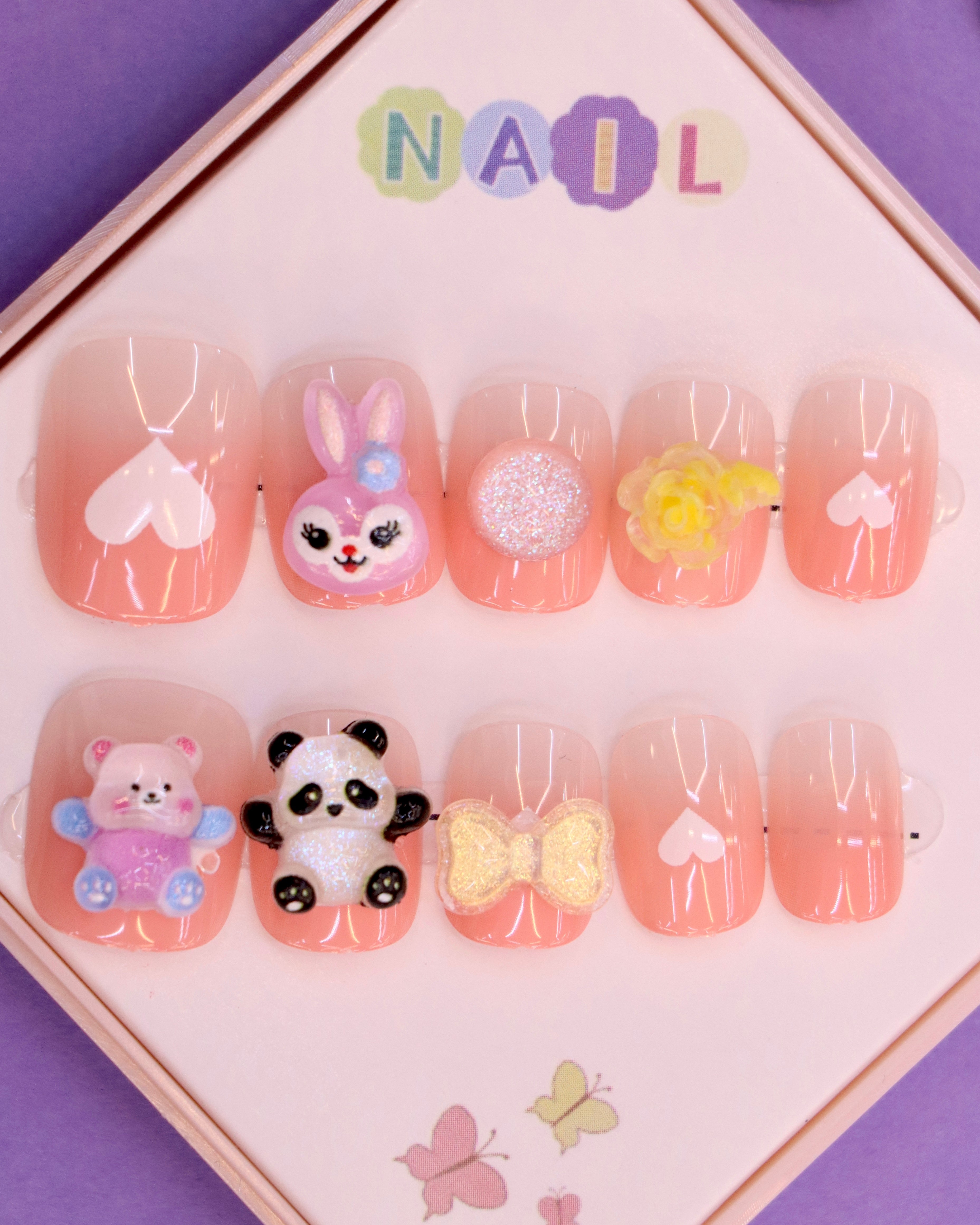 Heart and Bunny-Themed Press-On Nails for Kids – 3D Panda, Bow, and Glitter Accents (Ages 4-16)