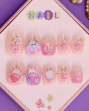 Pink Berry and Teddy-Themed Press-On Nails for Kids – 3D Bear, Glitter, and Grape Accents (Ages 4-16)