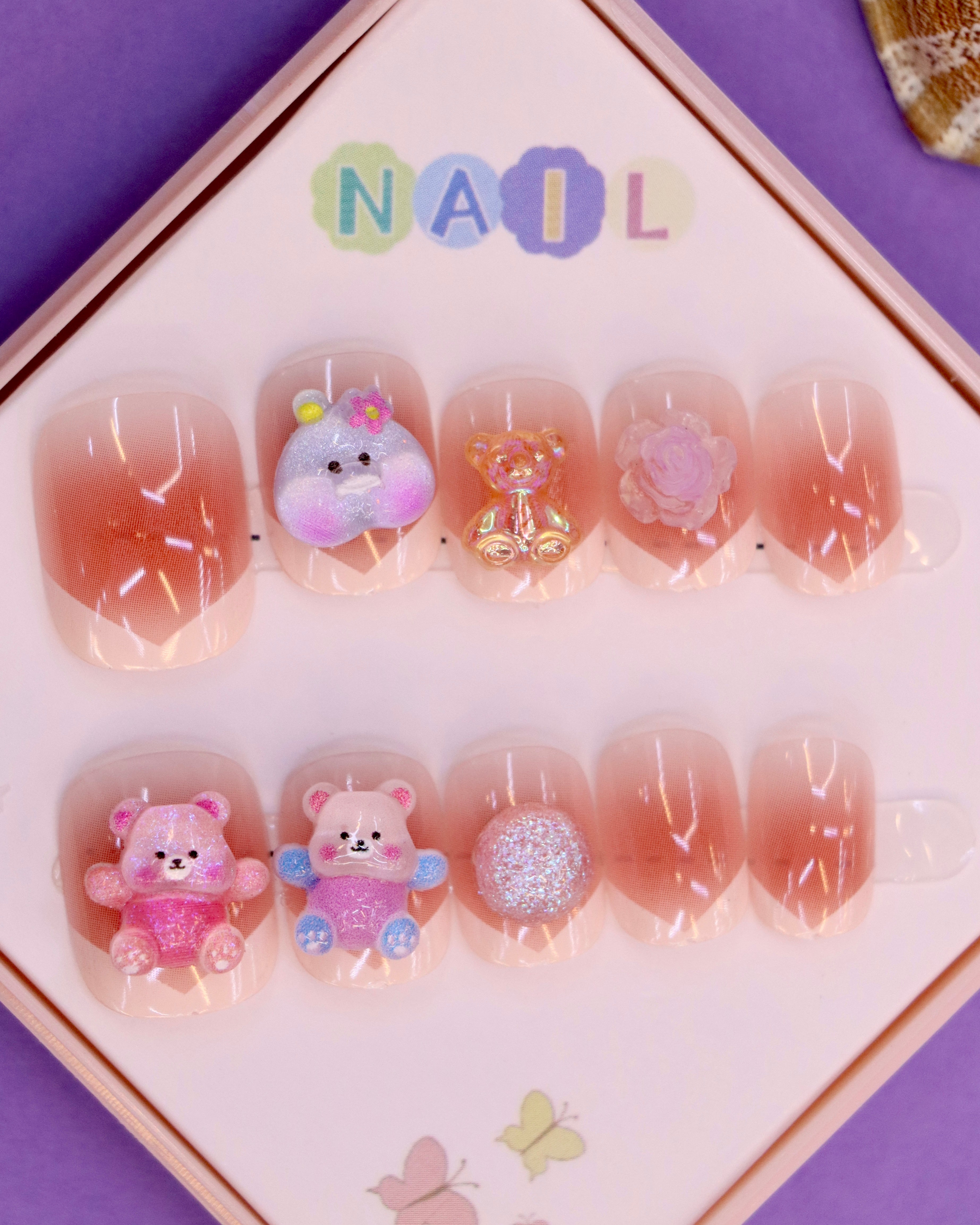 Pink Ombré and Teddy-Themed Press-On Nails for Kids – 3D Bear, Glitter, and Floral Accents (Ages 4-16)