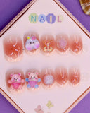 Pink Ombré and Teddy-Themed Press-On Nails for Kids – 3D Bear, Glitter, and Floral Accents (Ages 4-16)