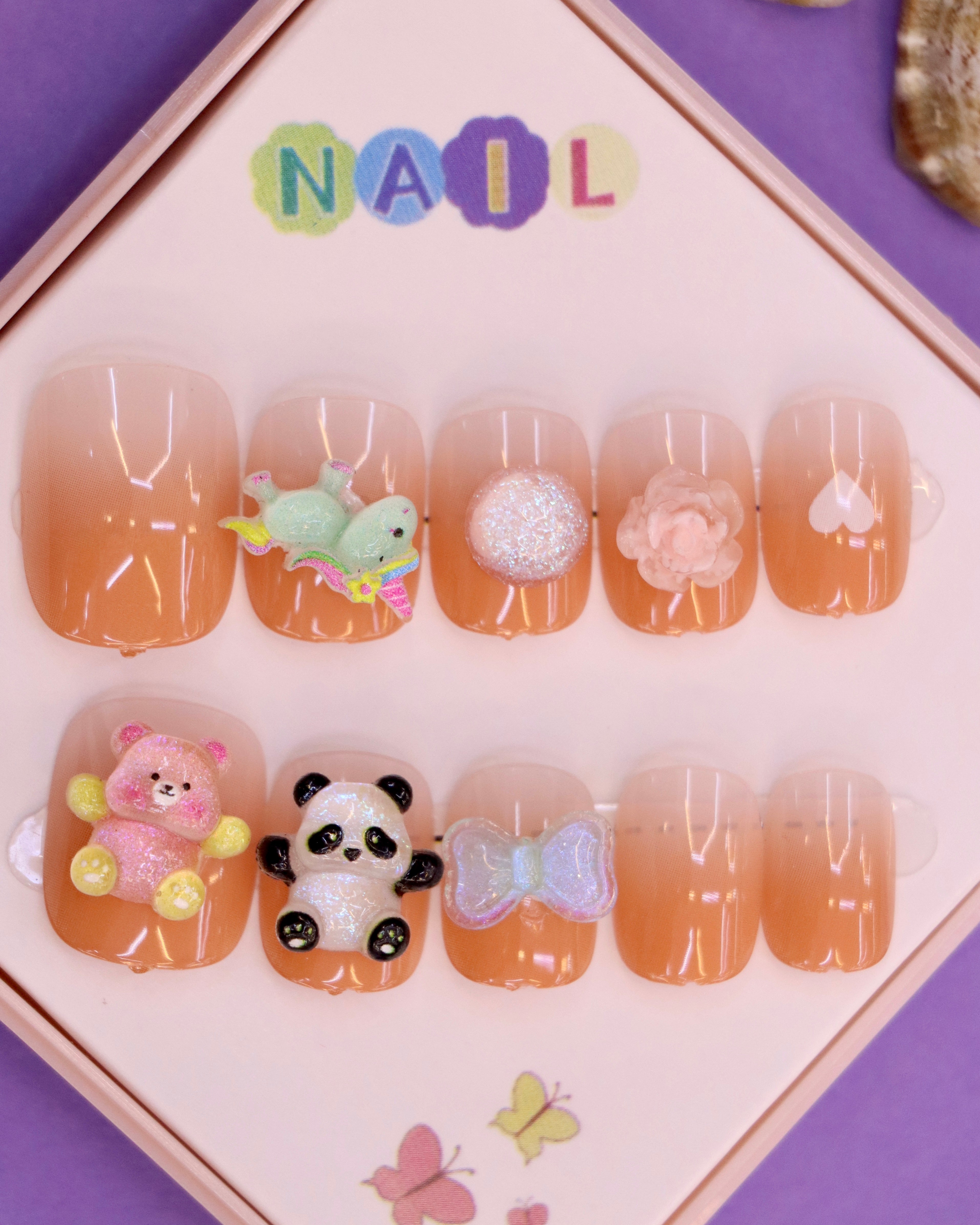 Orange Ombré and Panda-Themed Press-On Nails for Kids – 3D Bear, Bow, and Glitter Accents (Ages 4-16)