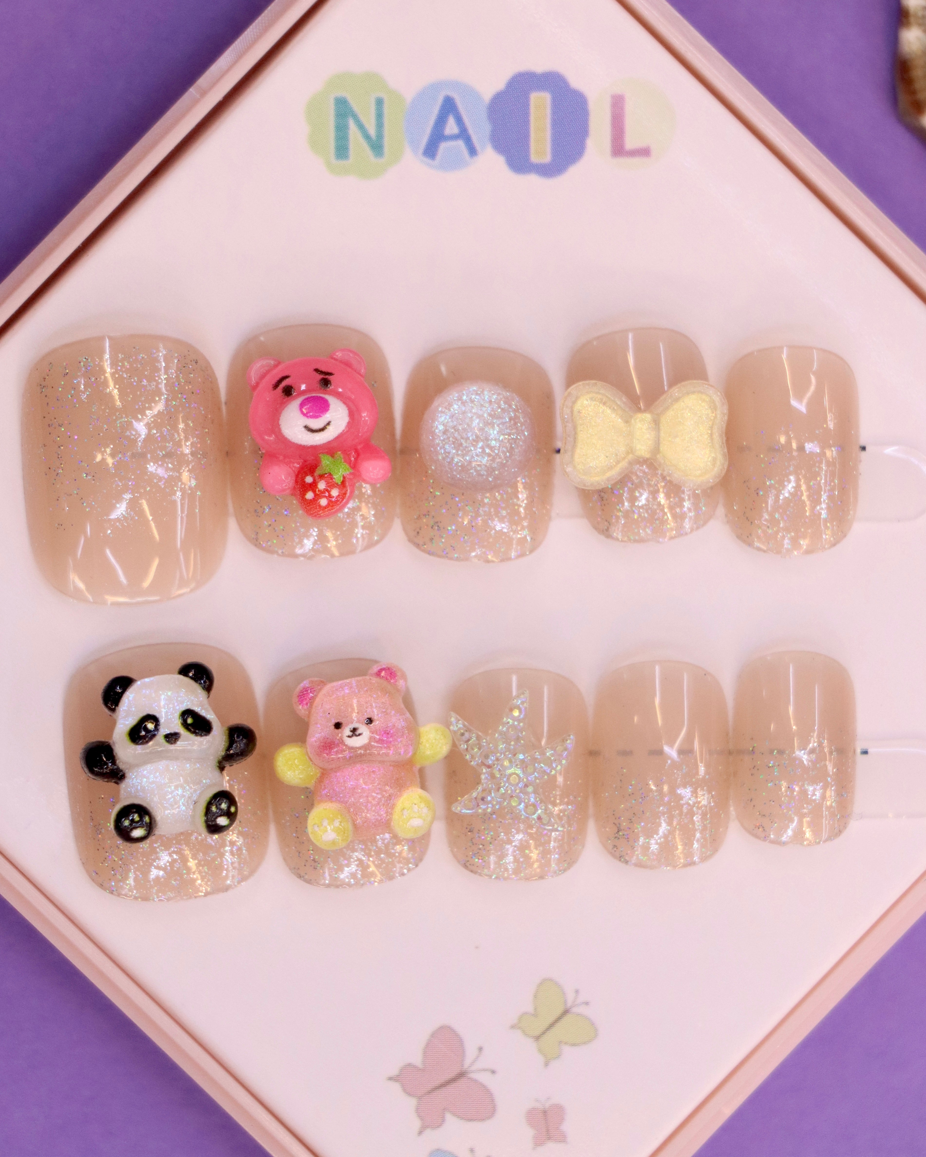Glittery Pink and Panda-Themed Press-On Nails for Kids – 3D Bear, Bow, and Starfish Accents (Ages 4-16)