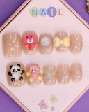 Glittery Pink and Panda-Themed Press-On Nails for Kids – 3D Bear, Bow, and Starfish Accents (Ages 4-16)