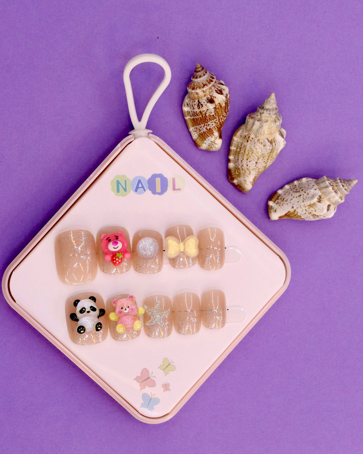 Glittery Pink and Panda-Themed Press-On Nails for Kids – 3D Bear, Bow, and Starfish Accents (Ages 4-16)