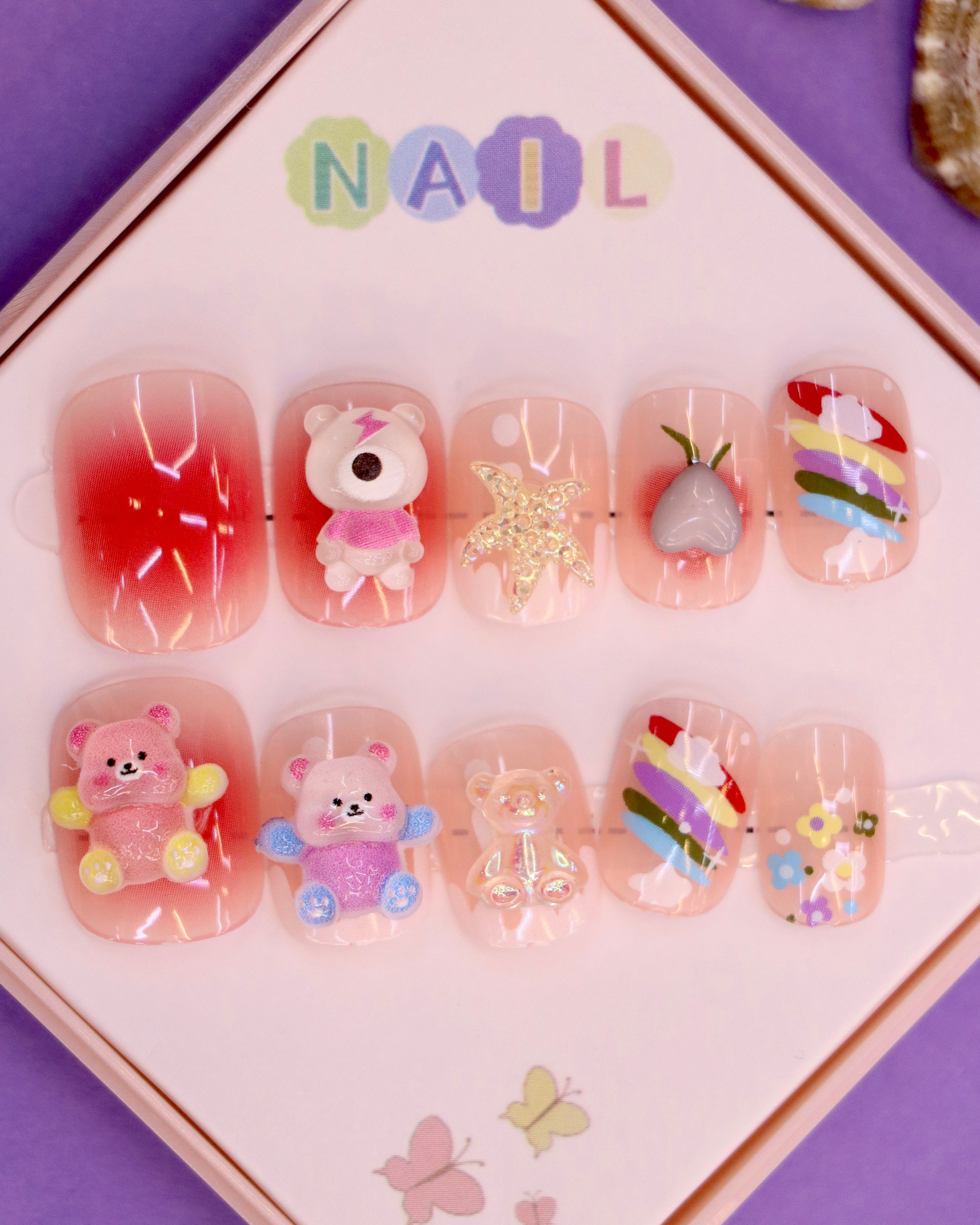 Rainbow and Teddy-Themed Press-On Nails for Kids – Starfish, Hearts, and Flower Accents (Ages 4-16)
