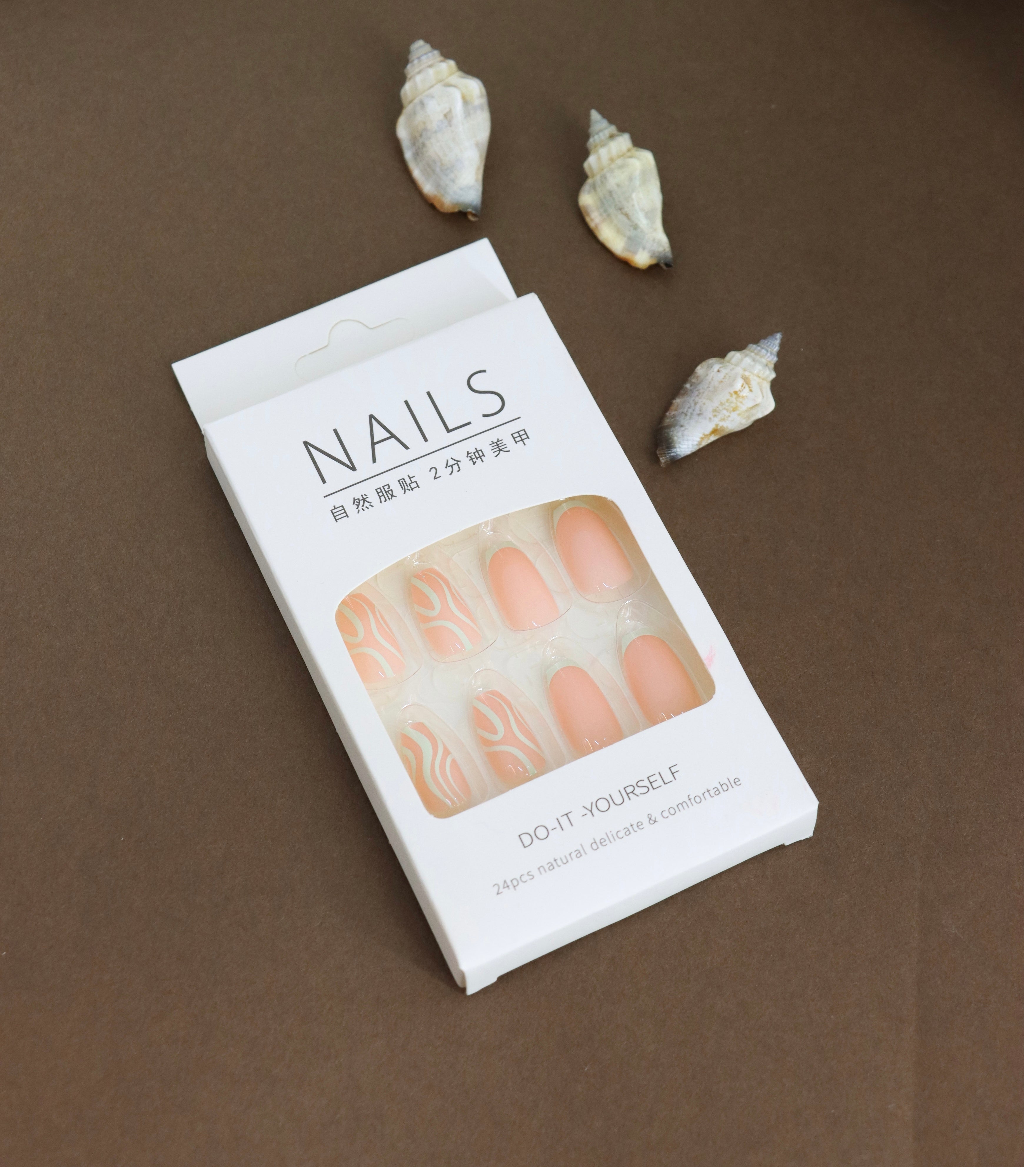 Peach and White Swirl Press-On Nails - Elegant Abstract Design DIY Nail Kit (24pcs)