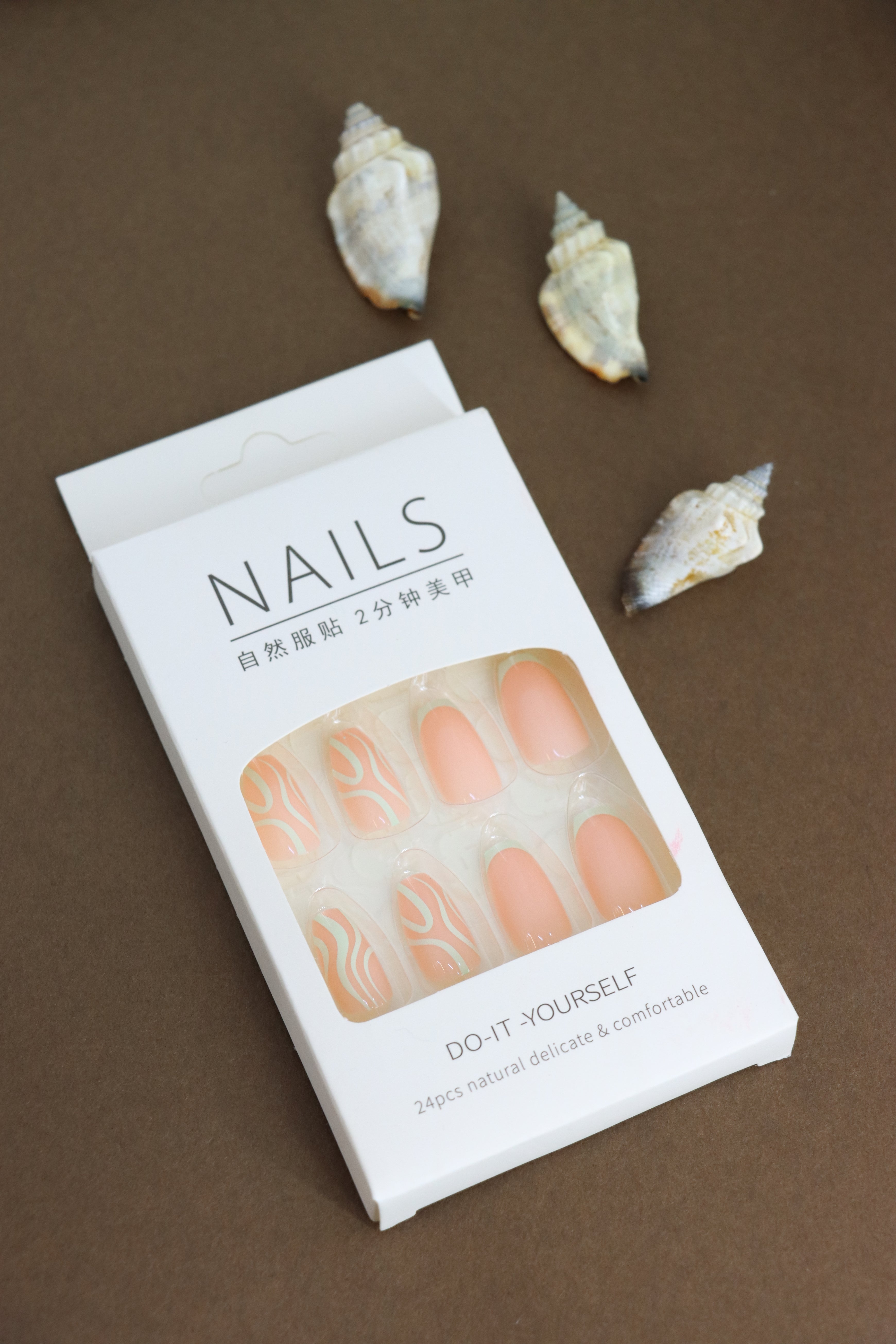 Peach and White Swirl Press-On Nails - Elegant Abstract Design DIY Nail Kit (24pcs)