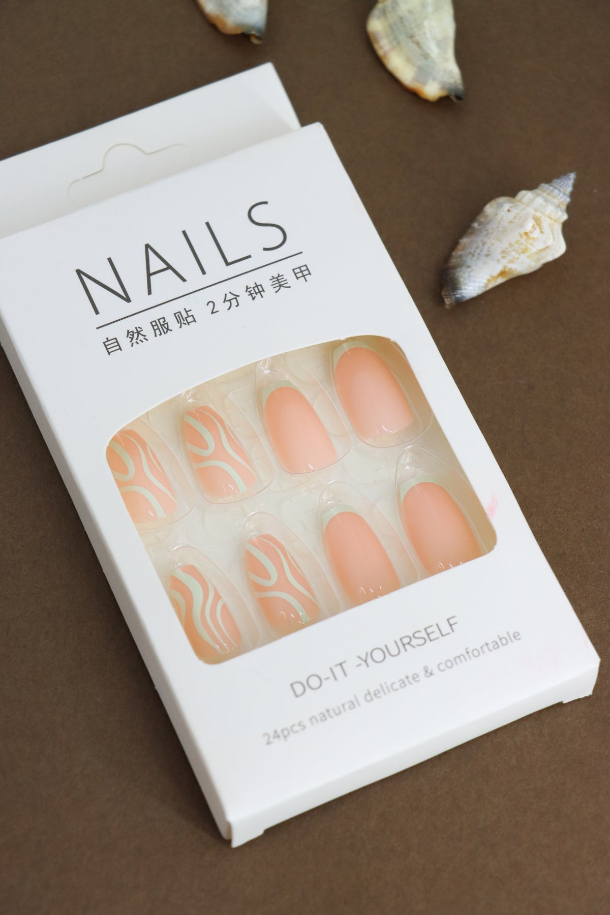 Peach and White Swirl Press-On Nails - Elegant Abstract Design DIY Nail Kit (24pcs)