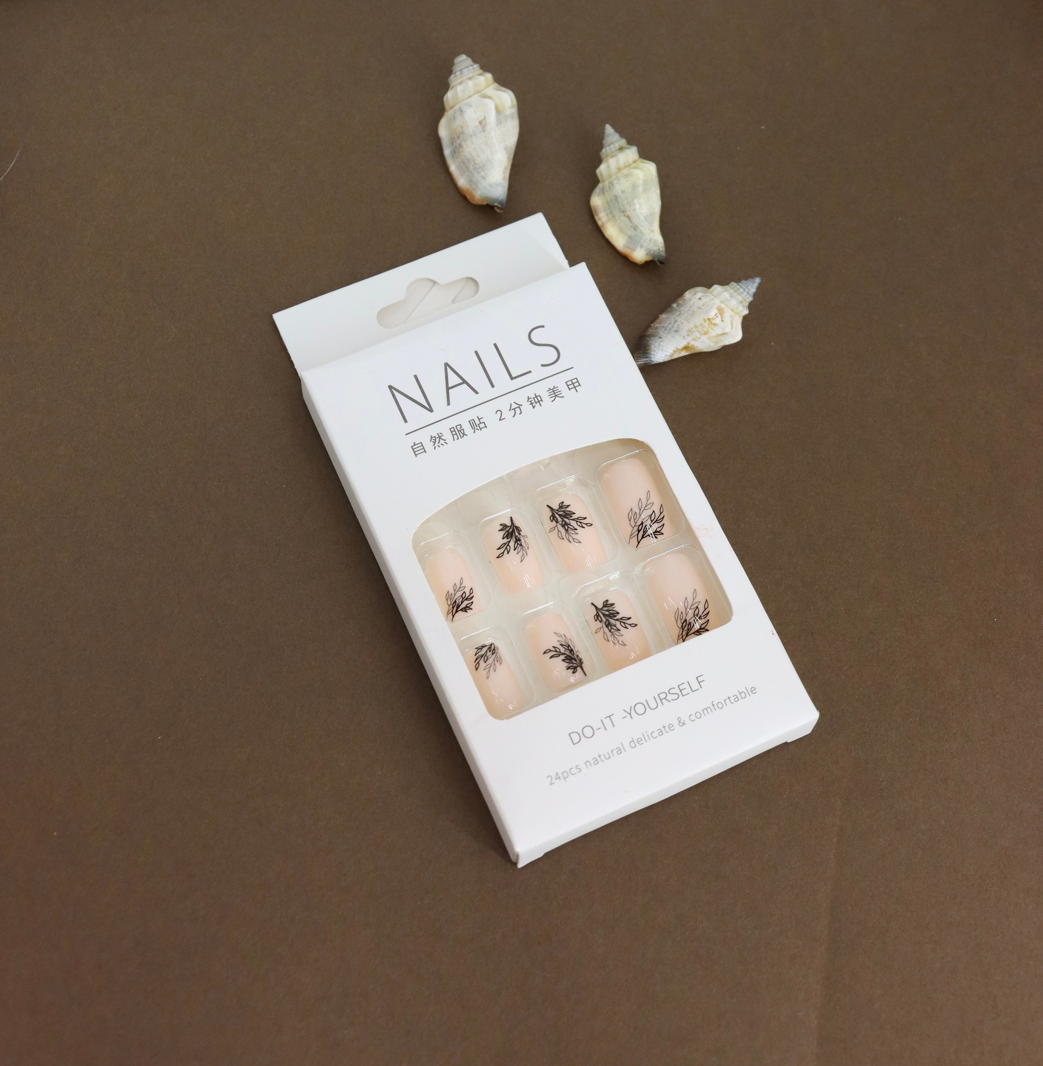 Elegant Botanical Black Line Art Nail Set – Minimalist Nude Design for a Sophisticated Look, 24pcs for Natural Delicate Comfort