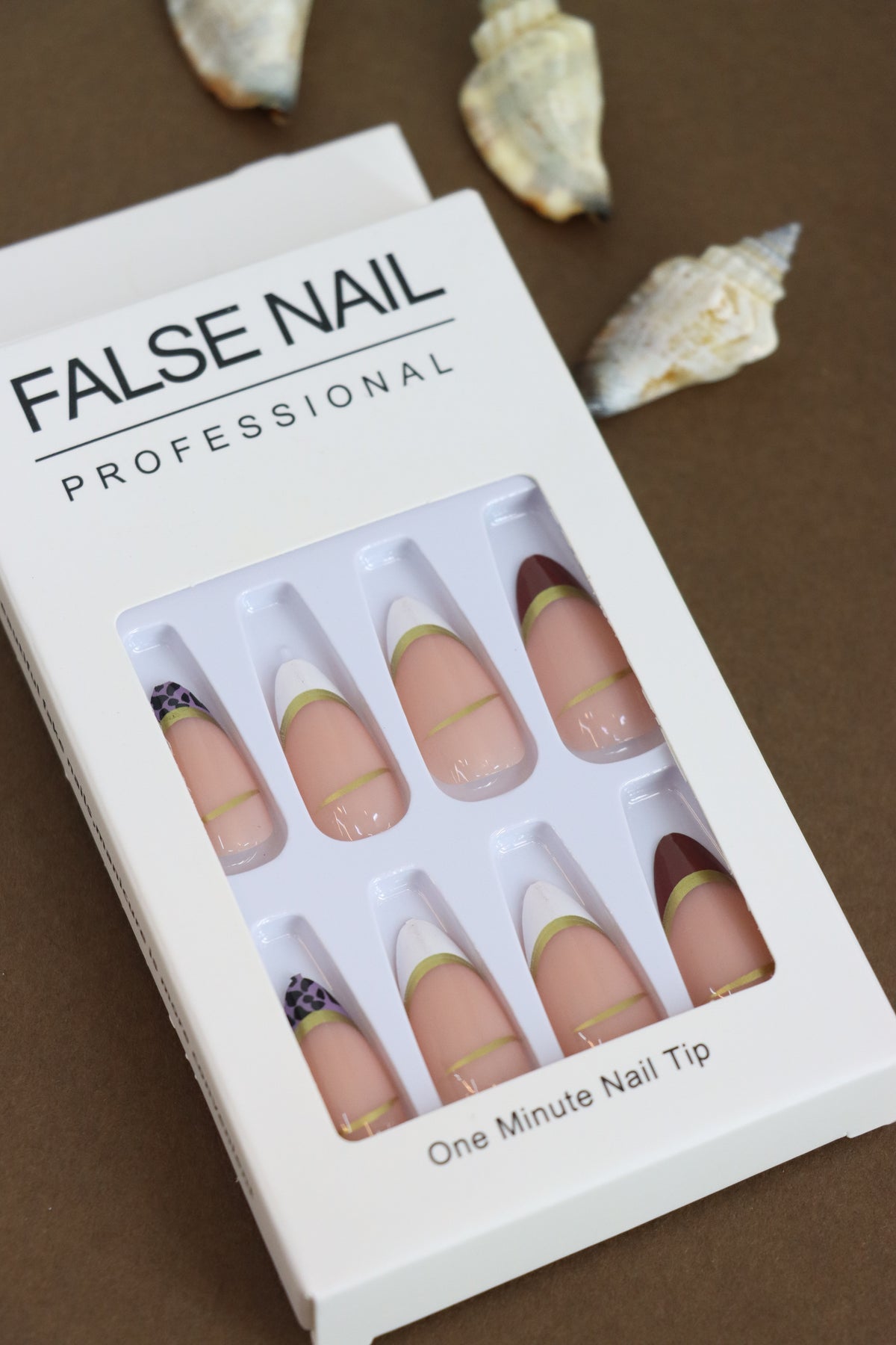Neutral Toned French Tip Press-On Nails with Gold Accents - 24pcs Professional Set