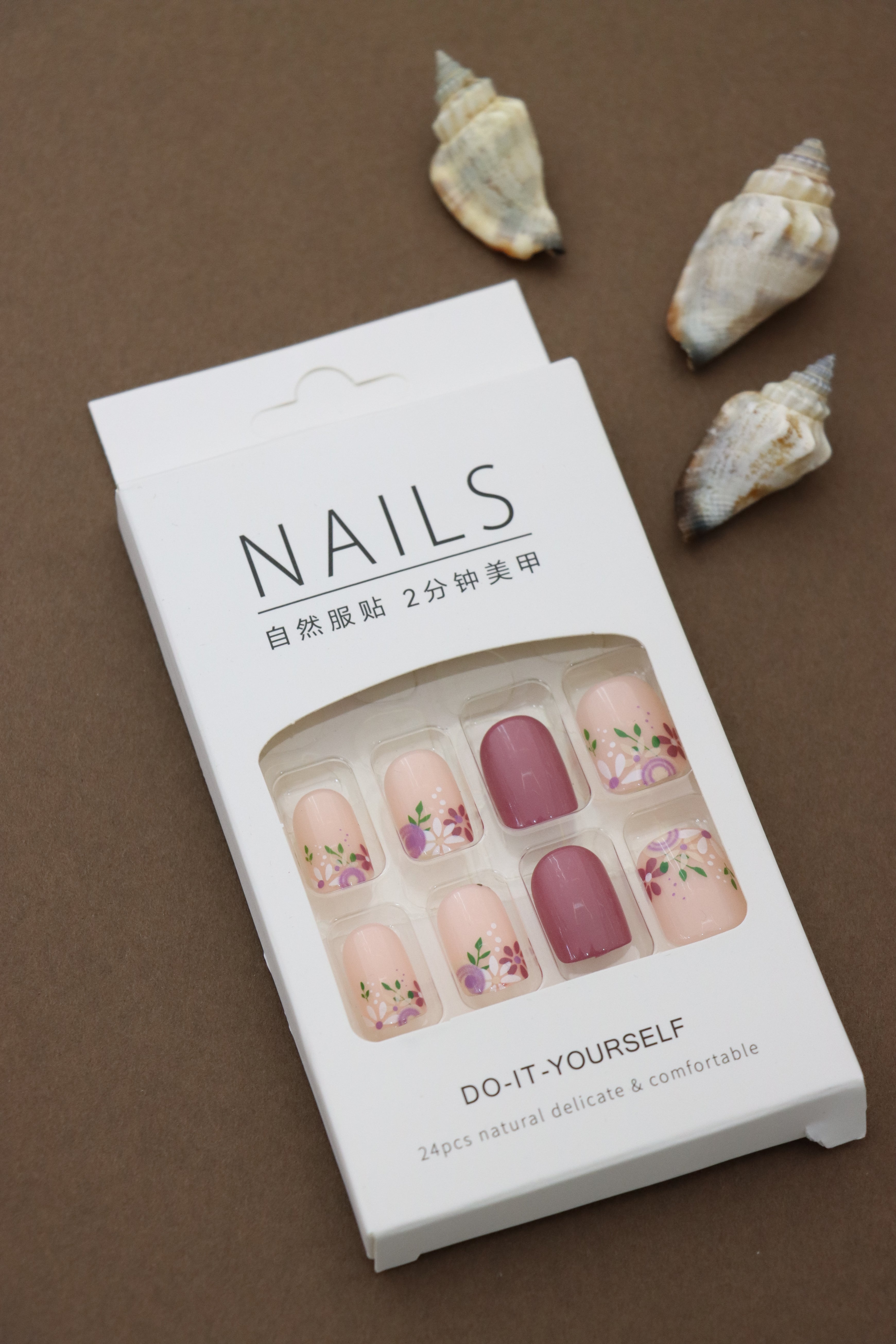 Romantic Nude and Mauve Press-On Nails with Floral Garden Accent Design - 24pcs Set