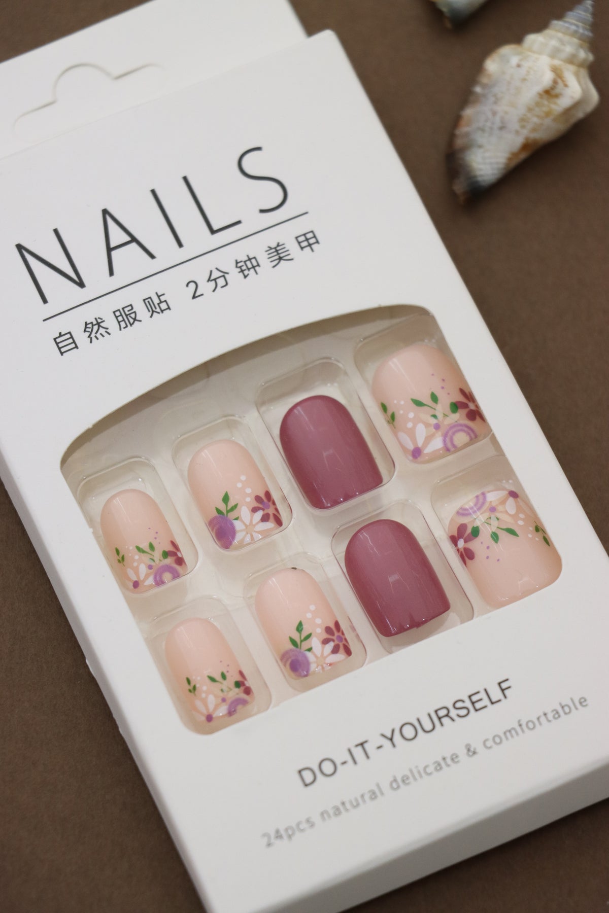 Romantic Nude and Mauve Press-On Nails with Floral Garden Accent Design - 24pcs Set