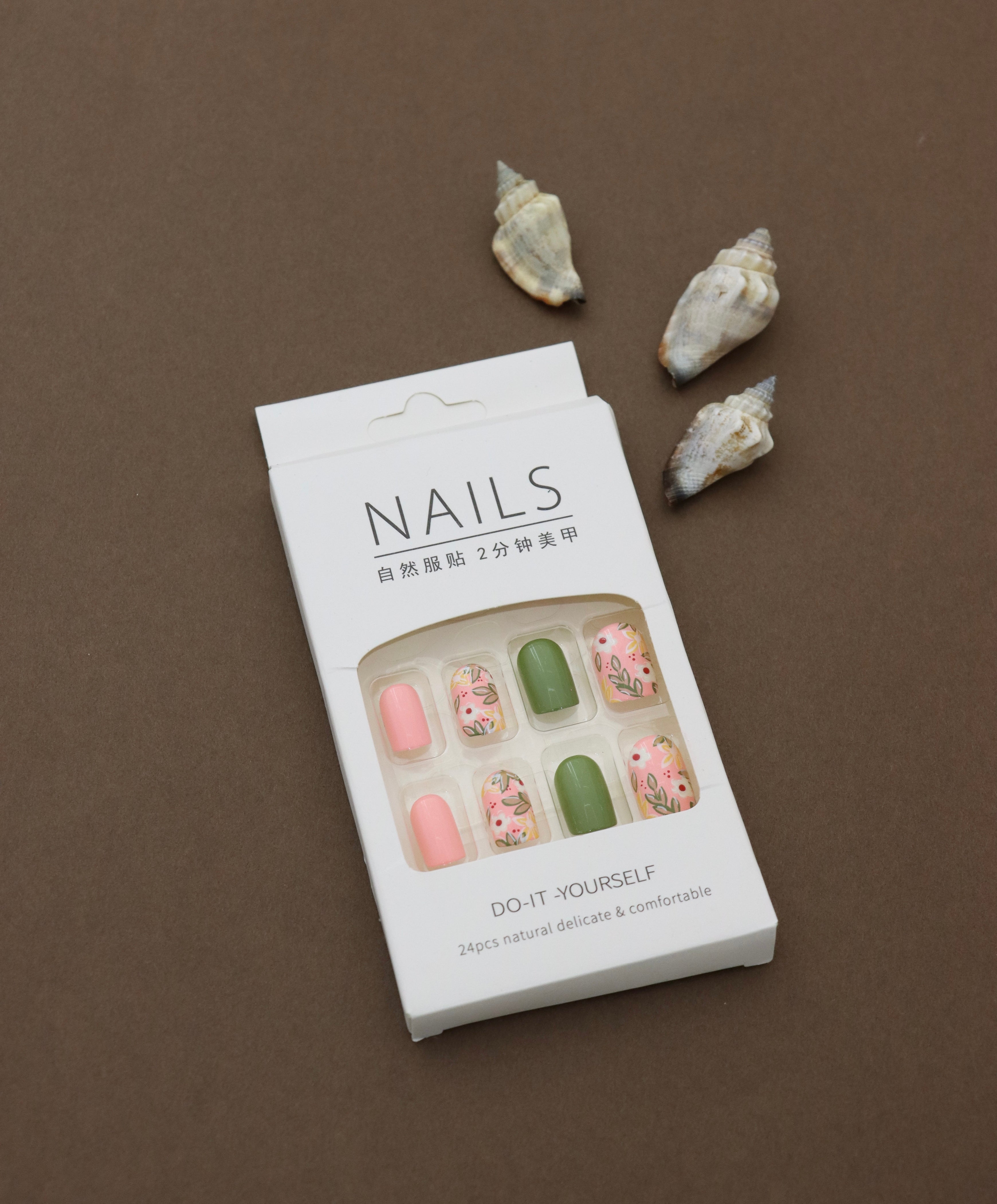 Pink and Green Floral Press-On Nails – Vibrant Spring Garden Design, 24pcs DIY Set