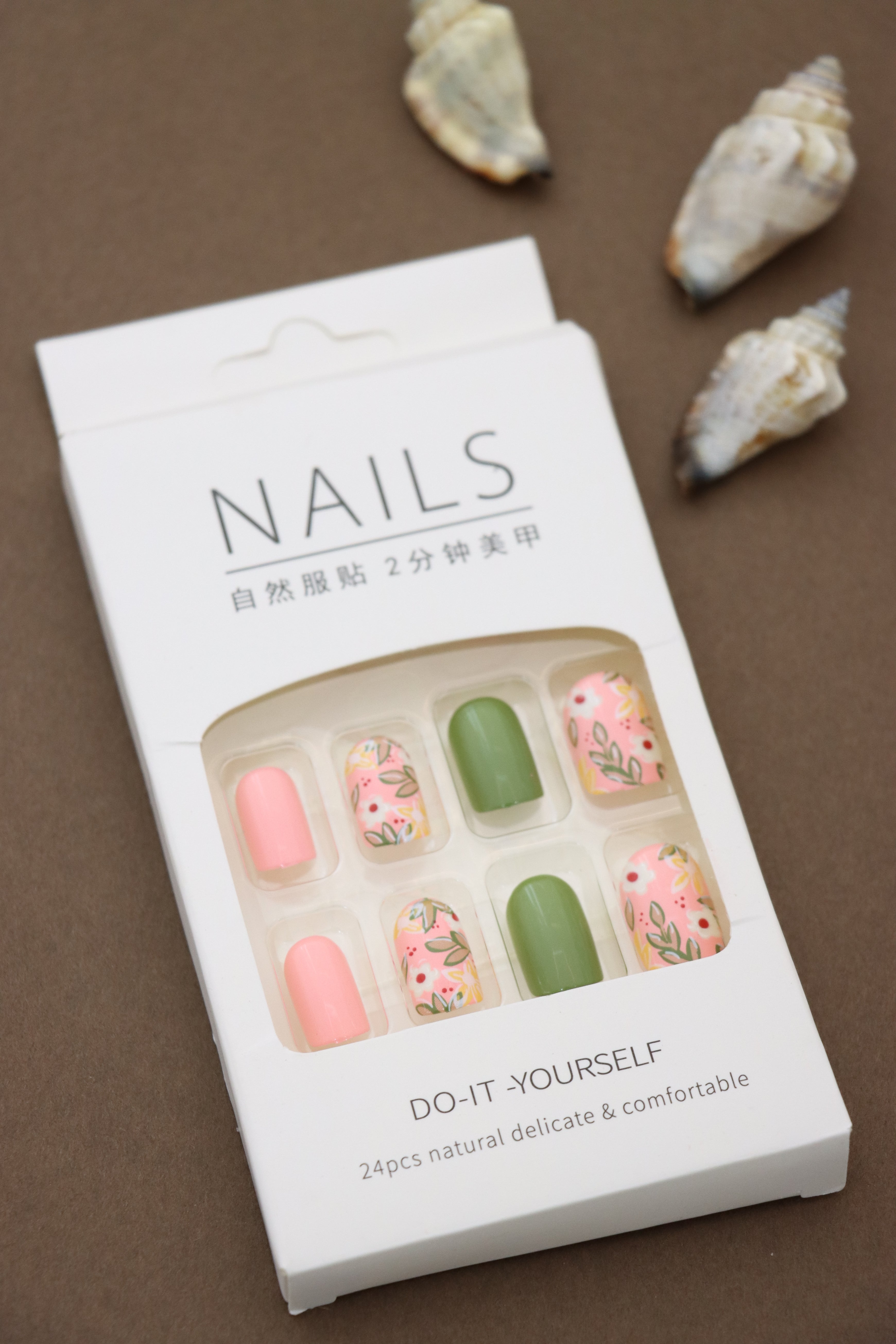 Pink and Green Floral Press-On Nails – Vibrant Spring Garden Design, 24pcs DIY Set