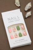 Pink and Green Floral Press-On Nails – Vibrant Spring Garden Design, 24pcs DIY Set