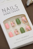 Pink and Green Floral Press-On Nails – Vibrant Spring Garden Design, 24pcs DIY Set
