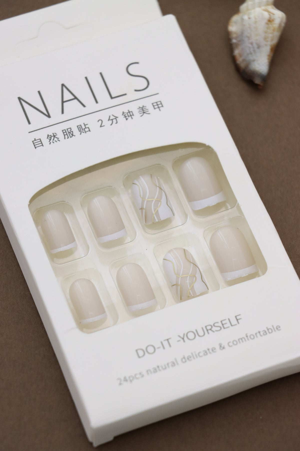 Ivory Minimalist Press-On Nails with Gold Line Accents – Elegant Simplicity