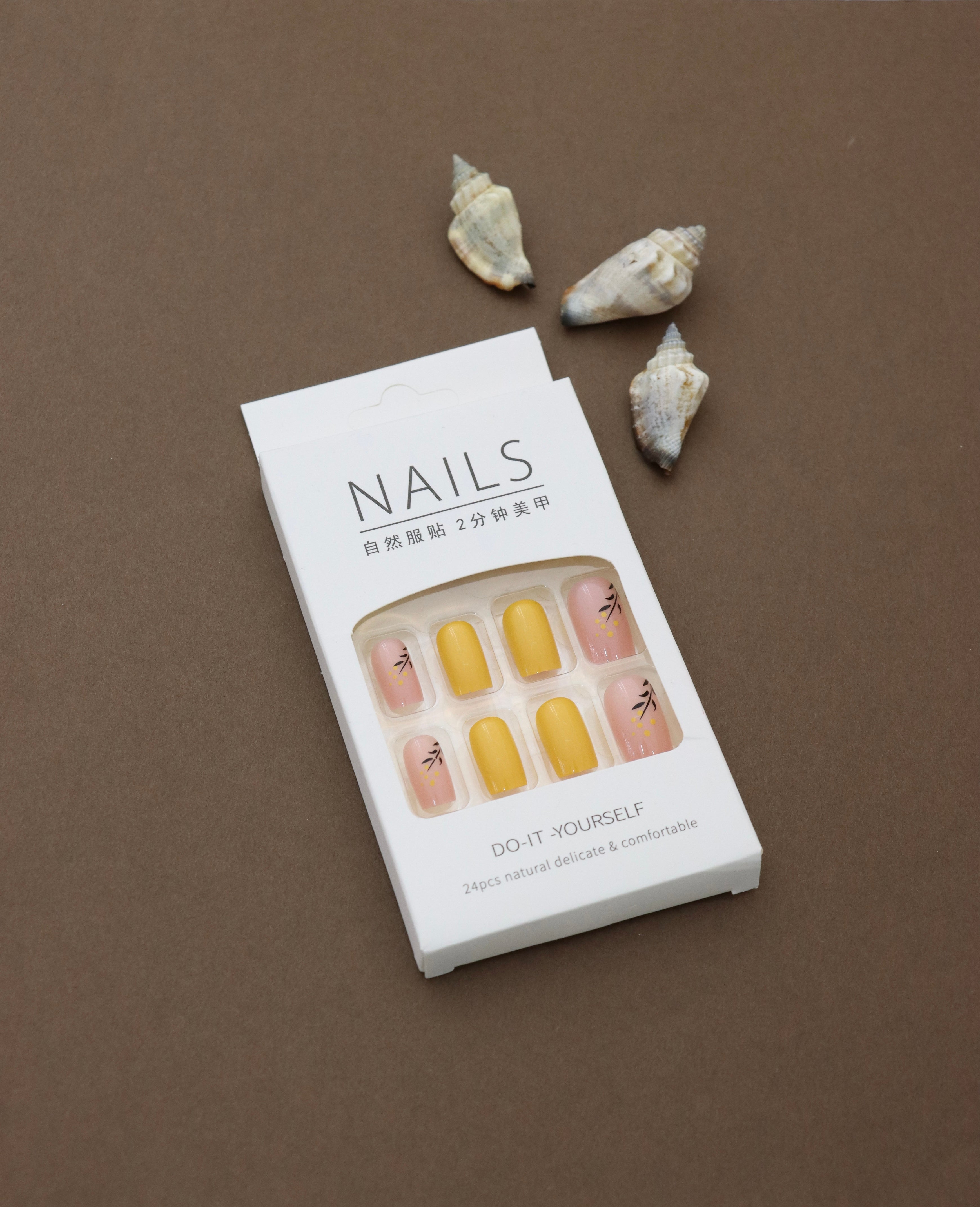 Sunshine Yellow and Blush Pink Press-On Nails with Delicate Floral Detailing - Vibrant and Chic Design