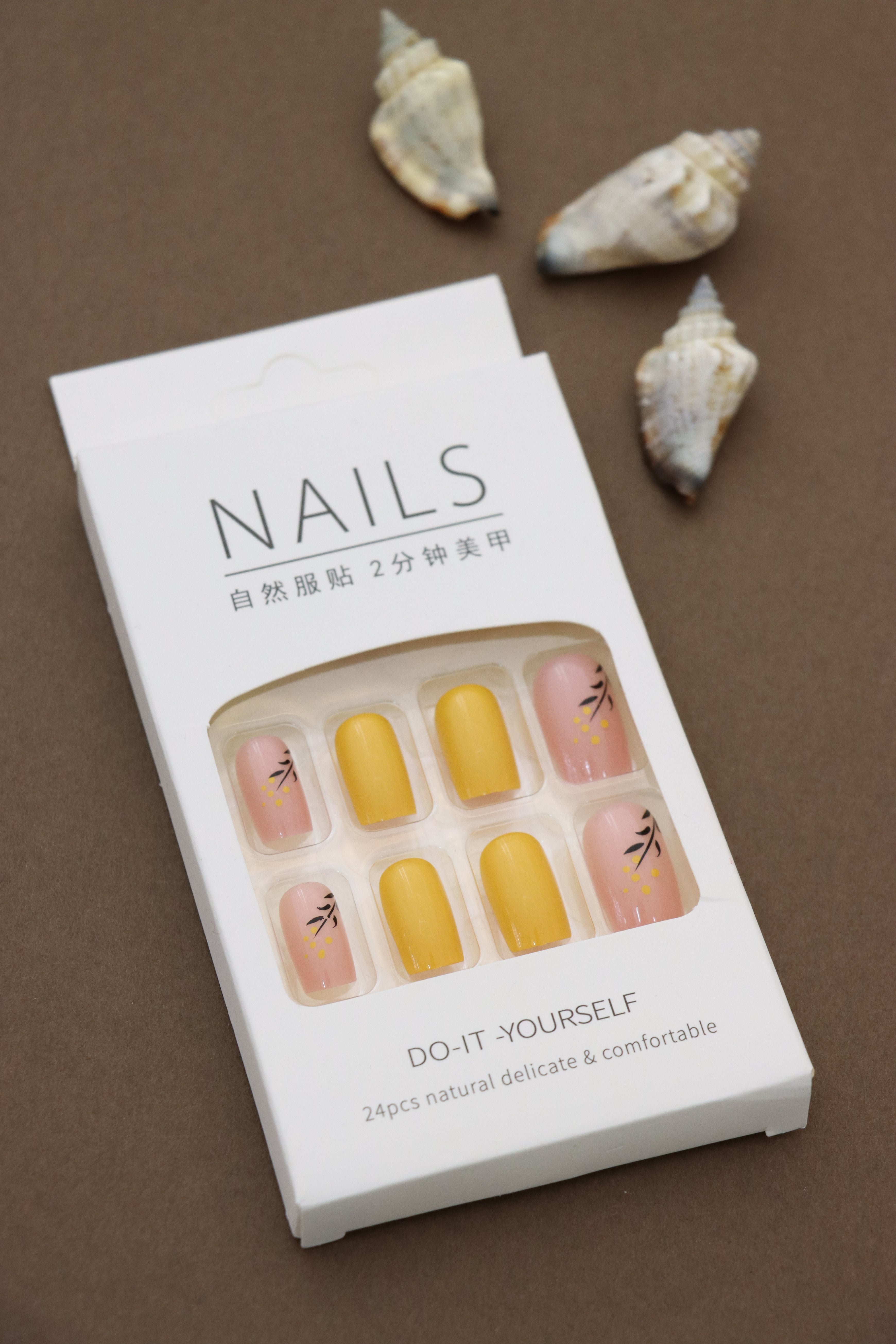 Sunshine Yellow and Blush Pink Press-On Nails with Delicate Floral Detailing - Vibrant and Chic Design