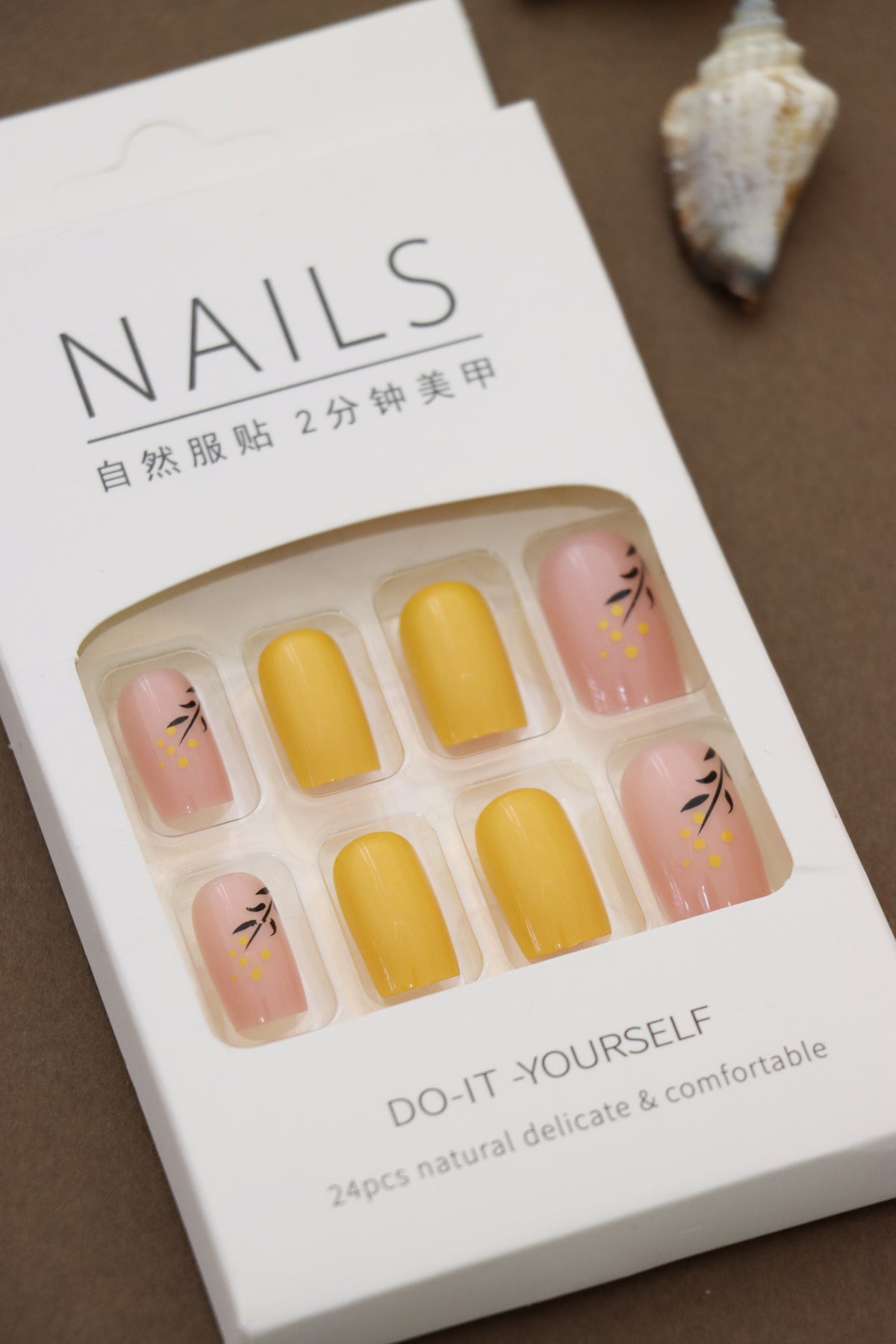 Sunshine Yellow and Blush Pink Press-On Nails with Delicate Floral Detailing - Vibrant and Chic Design
