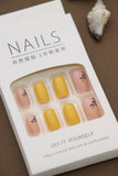 Sunshine Yellow and Blush Pink Press-On Nails with Delicate Floral Detailing - Vibrant and Chic Design