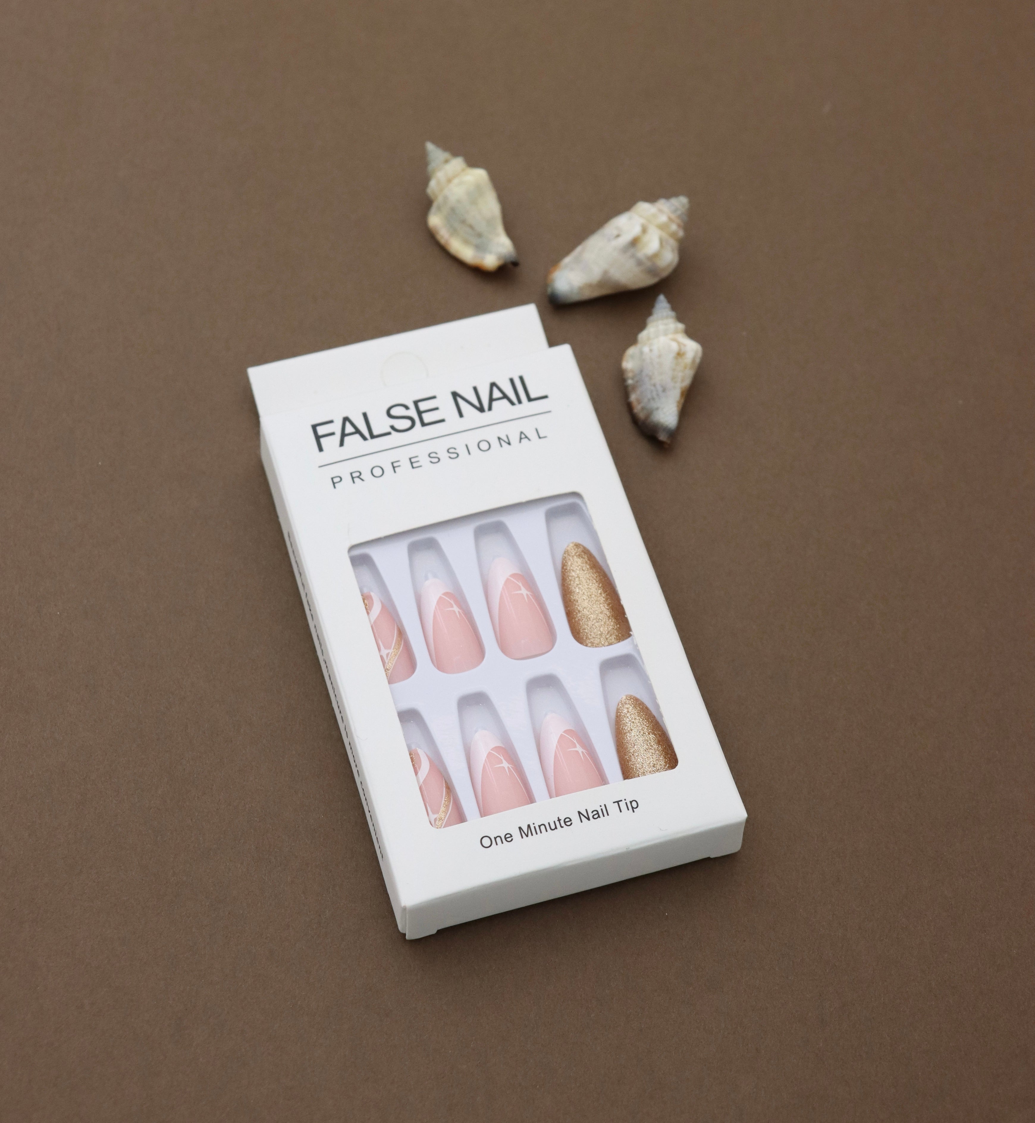 Pink and Gold Glitter Press-On Nails with Starry and French Tip Design - 24pcs Professional Finish