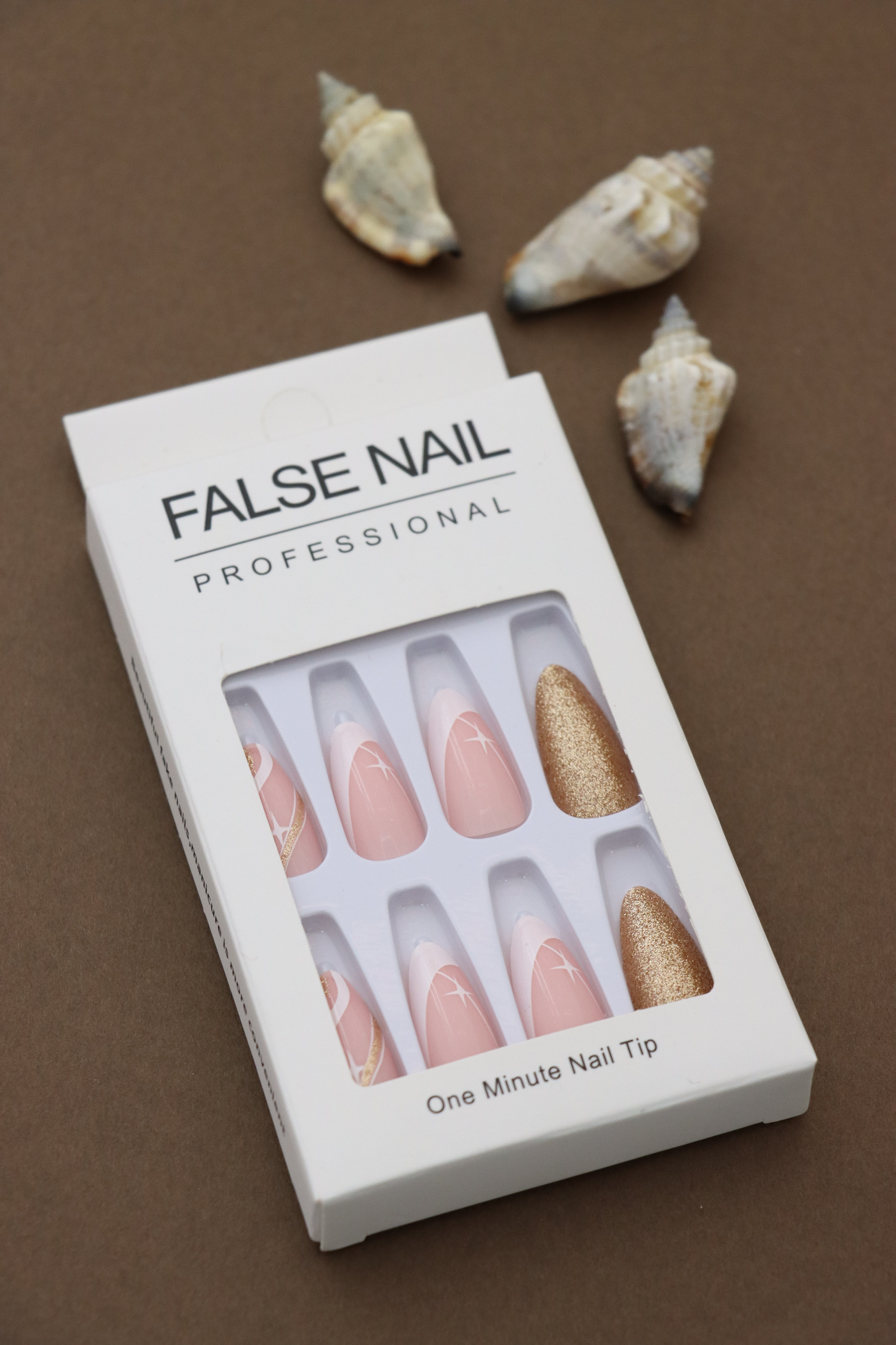 Pink and Gold Glitter Press-On Nails with Starry and French Tip Design - 24pcs Professional Finish