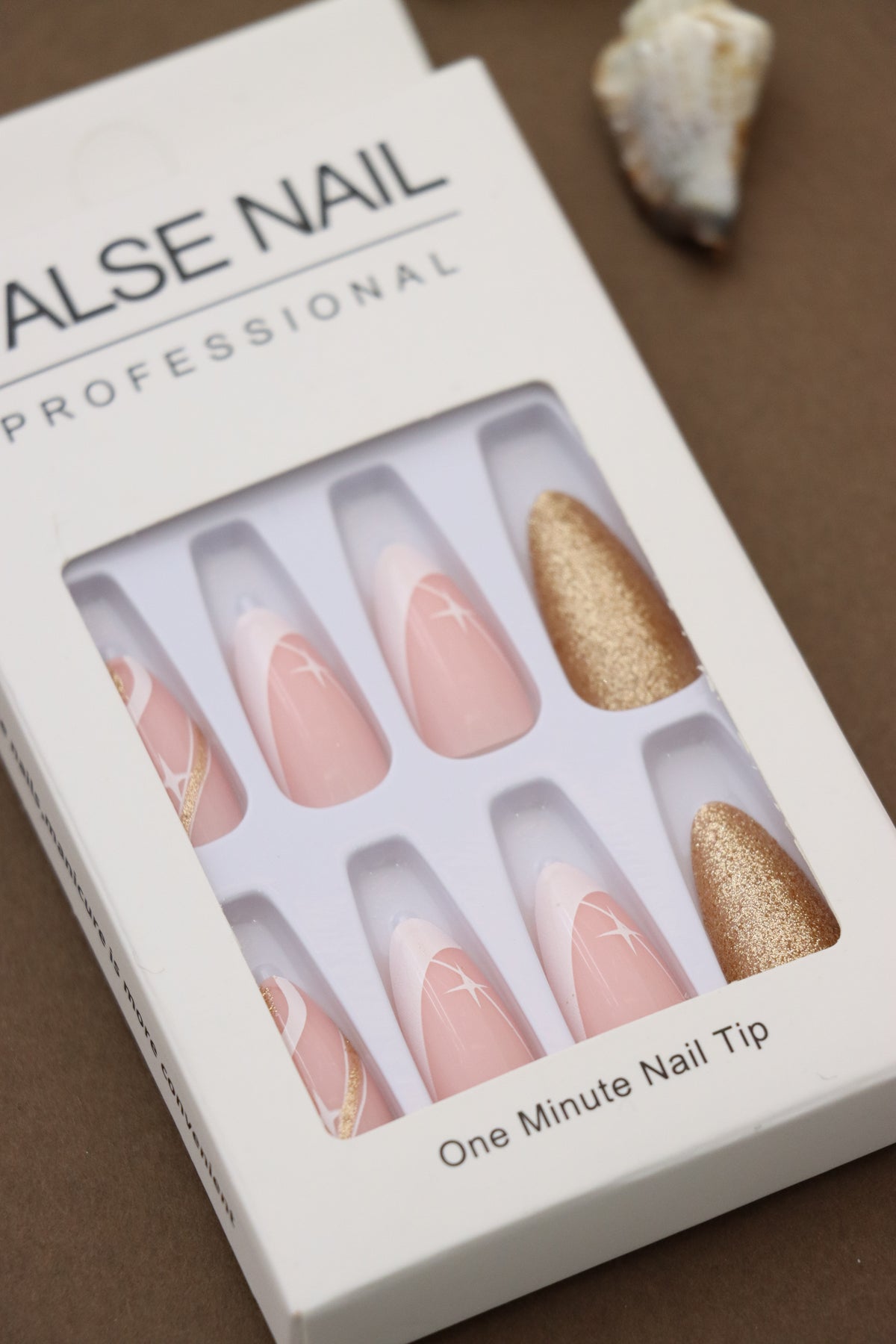 Pink and Gold Glitter Press-On Nails with Starry and French Tip Design - 24pcs Professional Finish