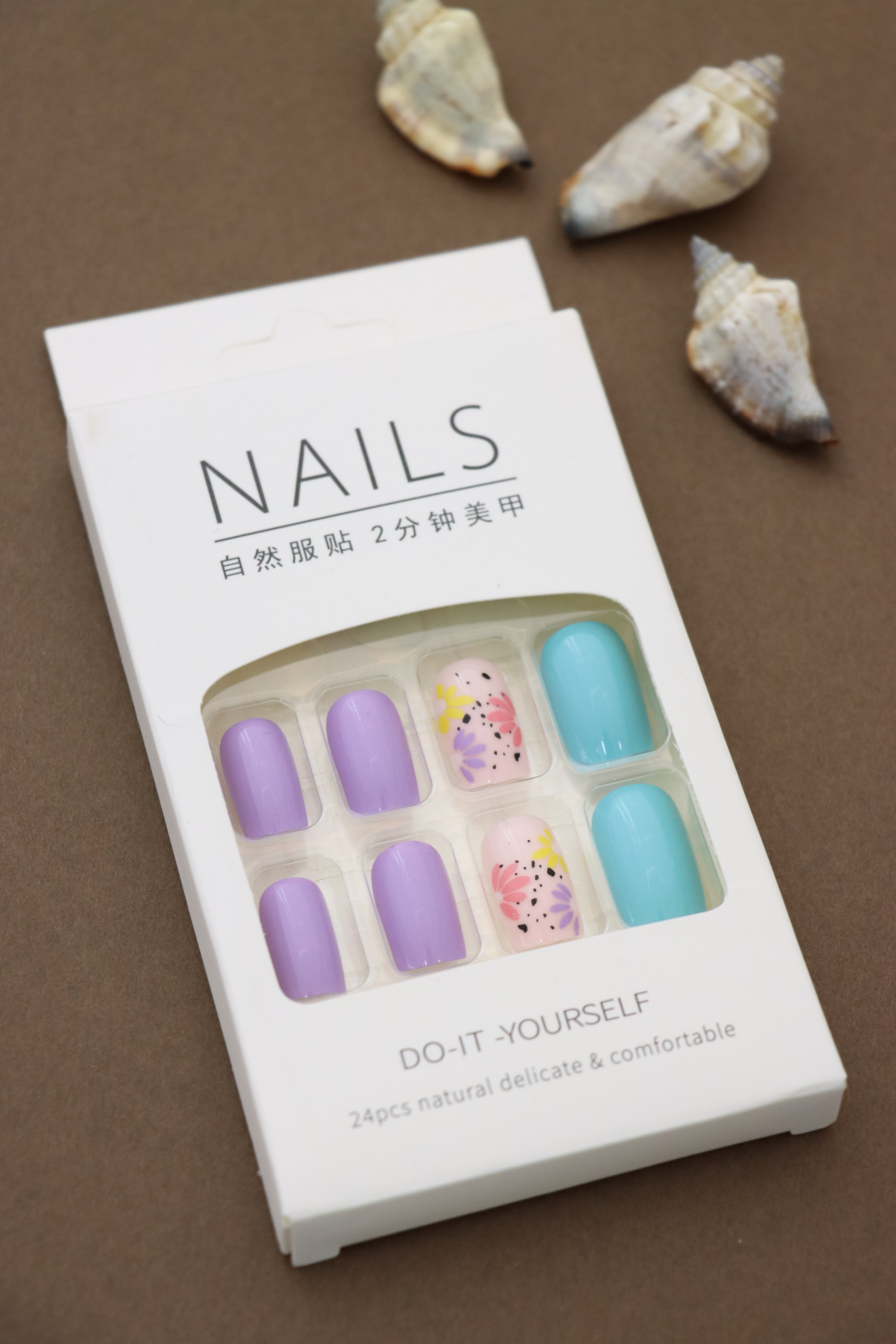 Playful Multicolor Press-On Nails in Lavender, Teal, and Floral Pink Design - 24pcs Set