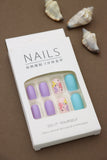 Playful Multicolor Press-On Nails in Lavender, Teal, and Floral Pink Design - 24pcs Set